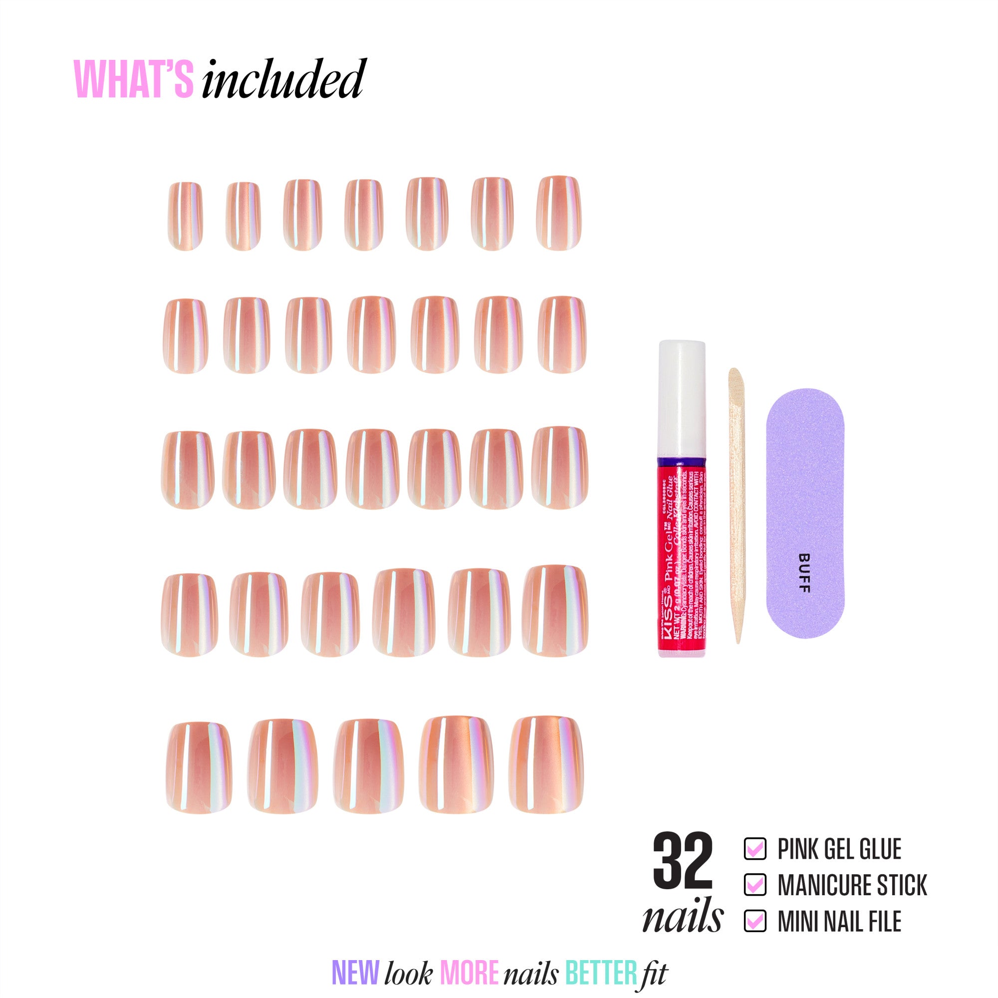 32 striped press-on nails with pink gel glue, manicure stick, and nail file included.