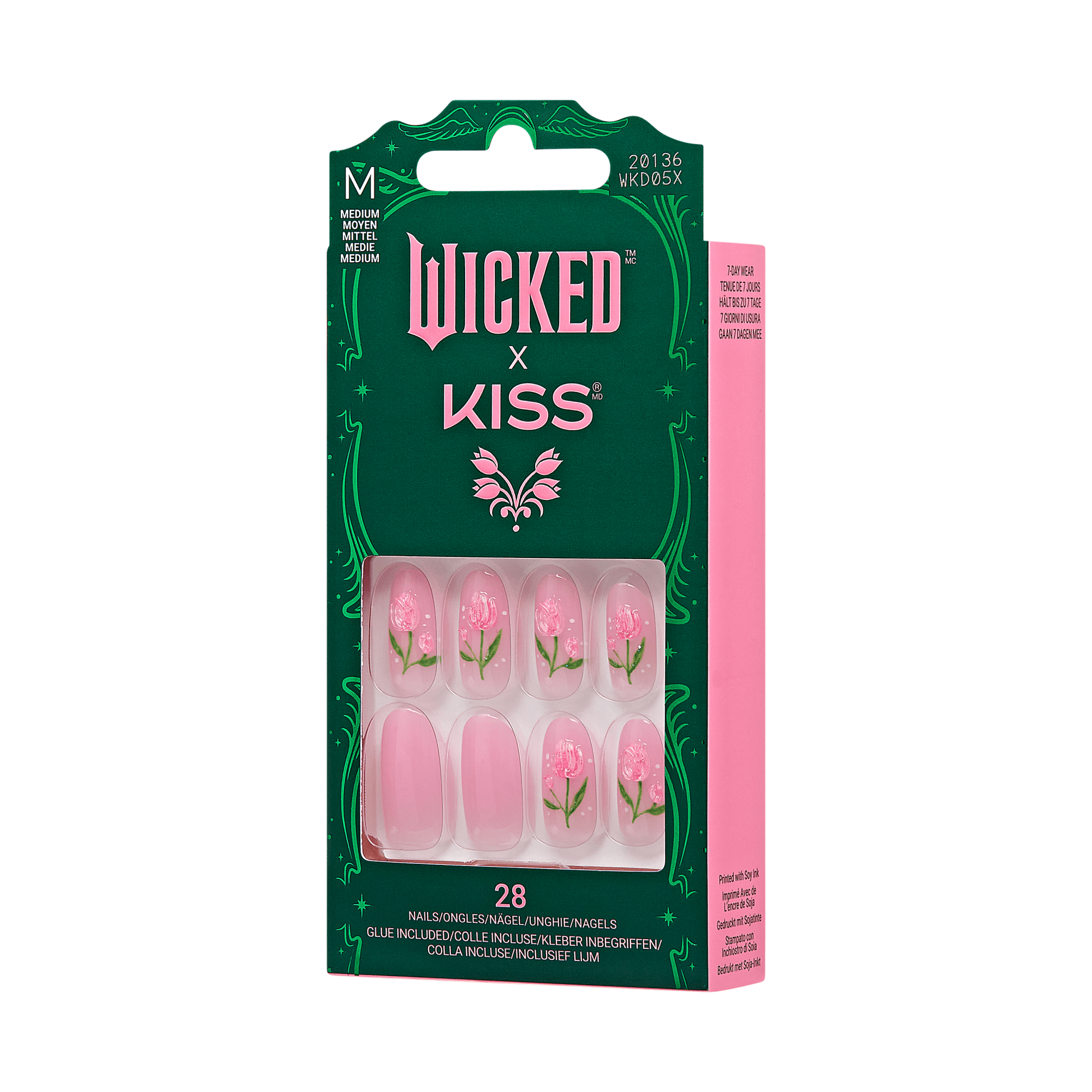 Wicked x Kiss medium-size press-on nails set with 28 pink nails, some featuring hand-painted pink flower designs, packaged in green and pink box.