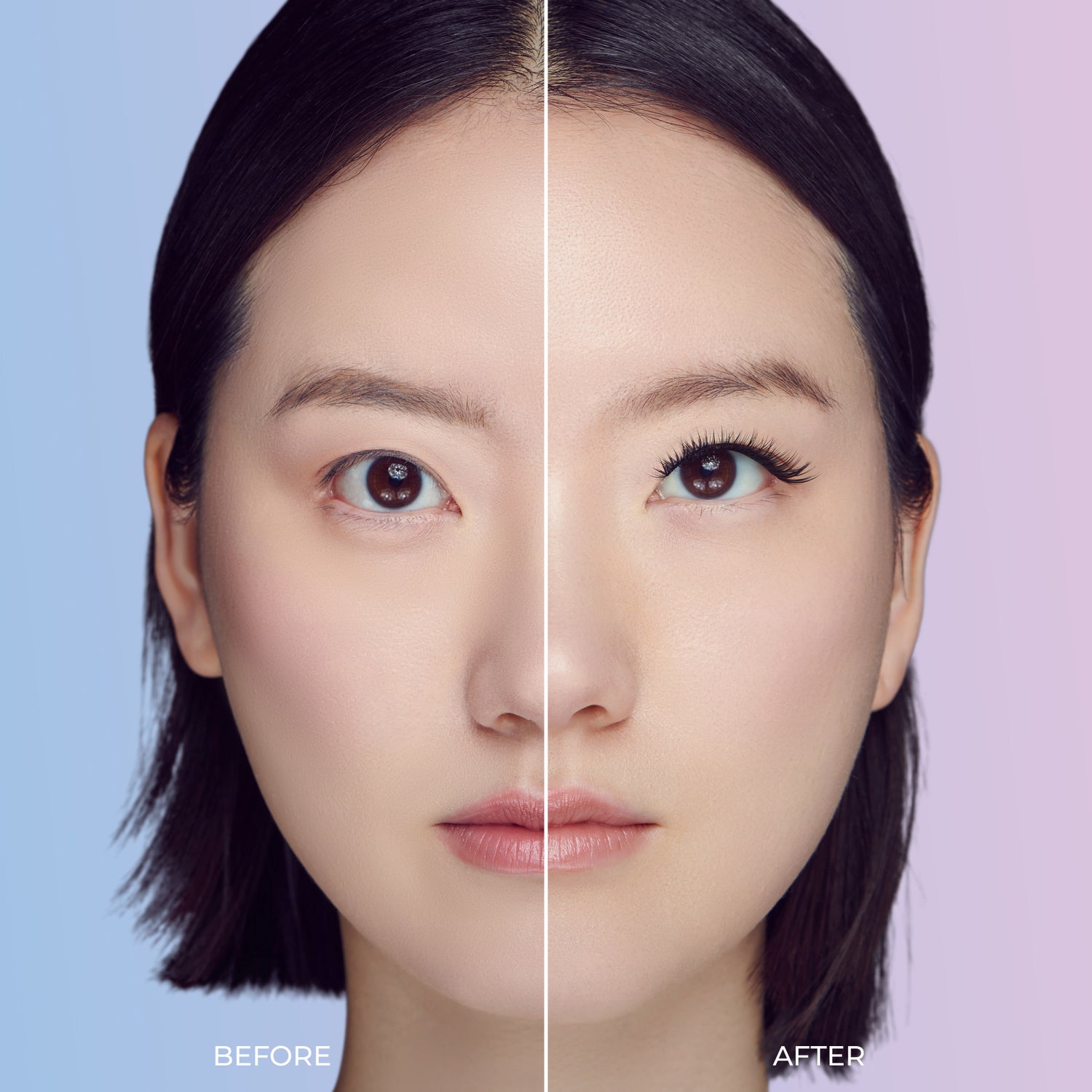 Close-up face split into two halves against a blue and purple background, showing a woman without eyelashes on the left labeled \