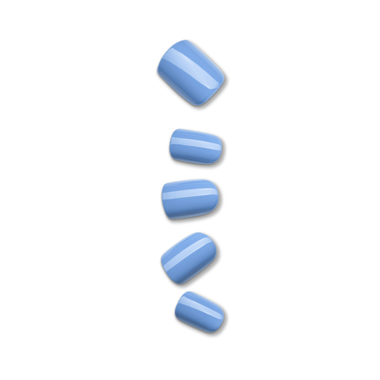 Set of five glossy light blue press-on nails in varying sizes, shown against a transparent background.