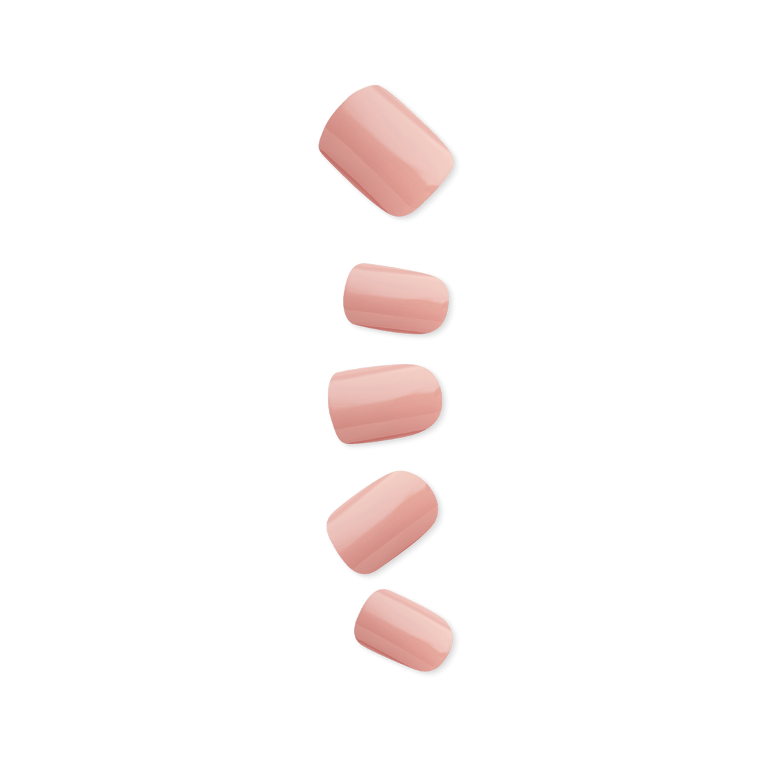 Five pink press-on nails in varying sizes and rounded rectangular shapes.