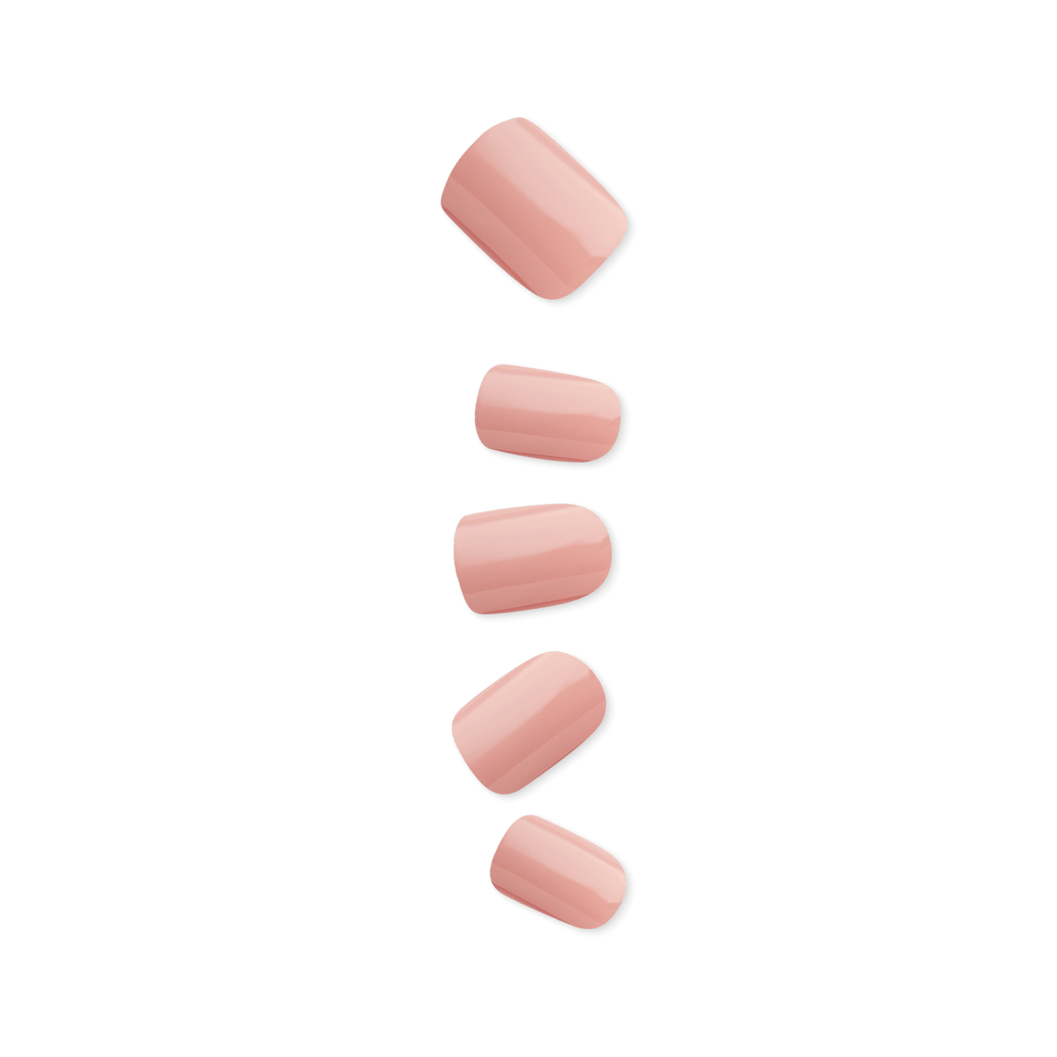 Five pink press-on nails in varying sizes and rounded rectangular shapes.