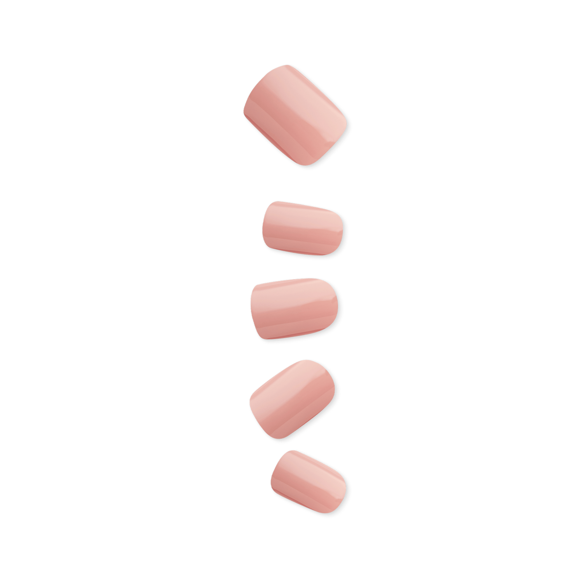 Five pink press-on nails in varying sizes and rounded rectangular shapes.