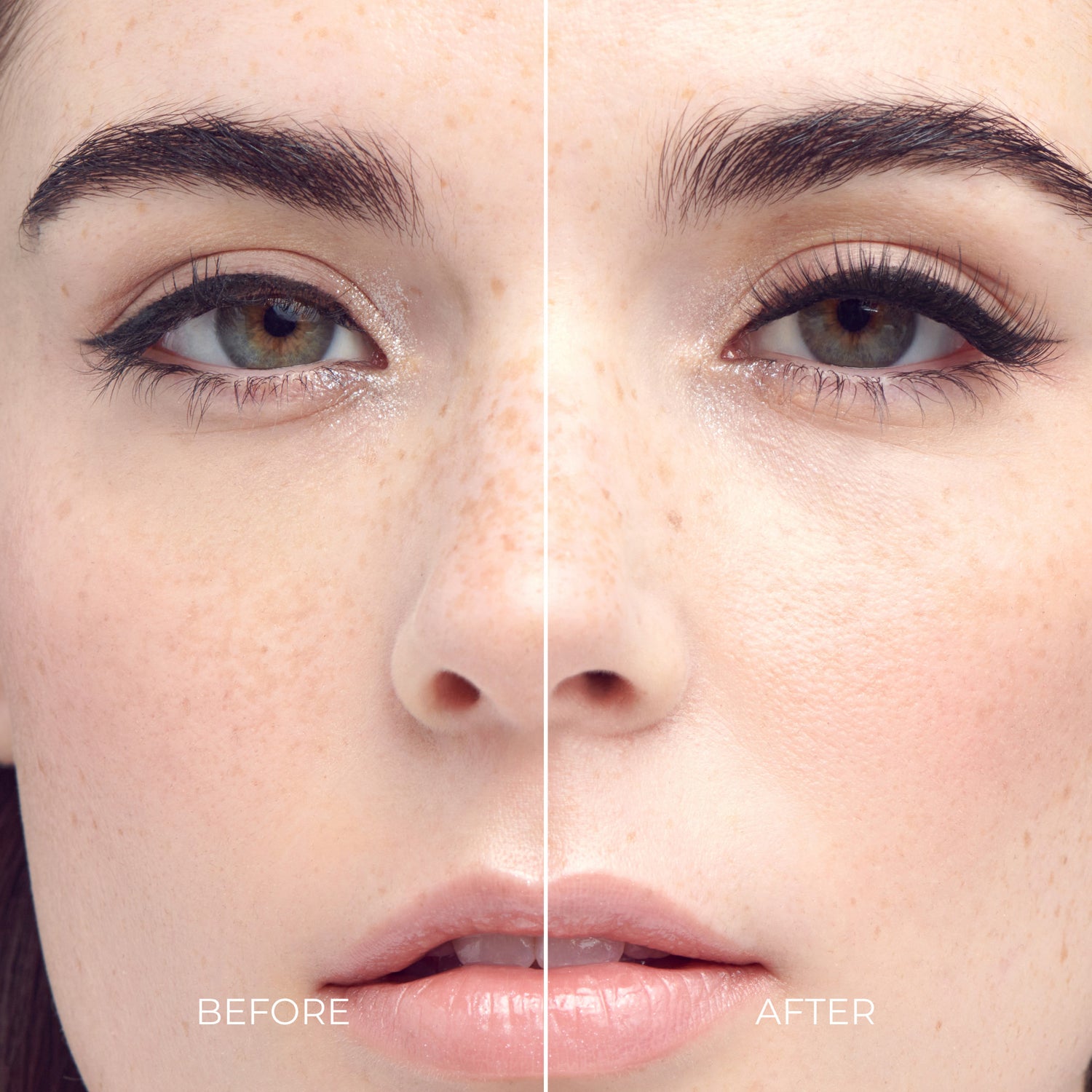 Close-up of a woman’s face split in half; left side labeled \