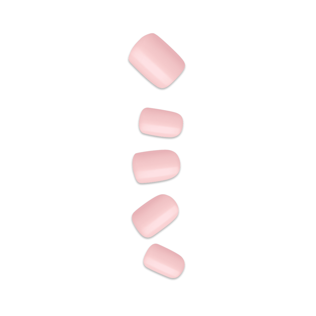 Set of five glossy, light pink press-on nails in various sizes arranged vertically on a plain background.