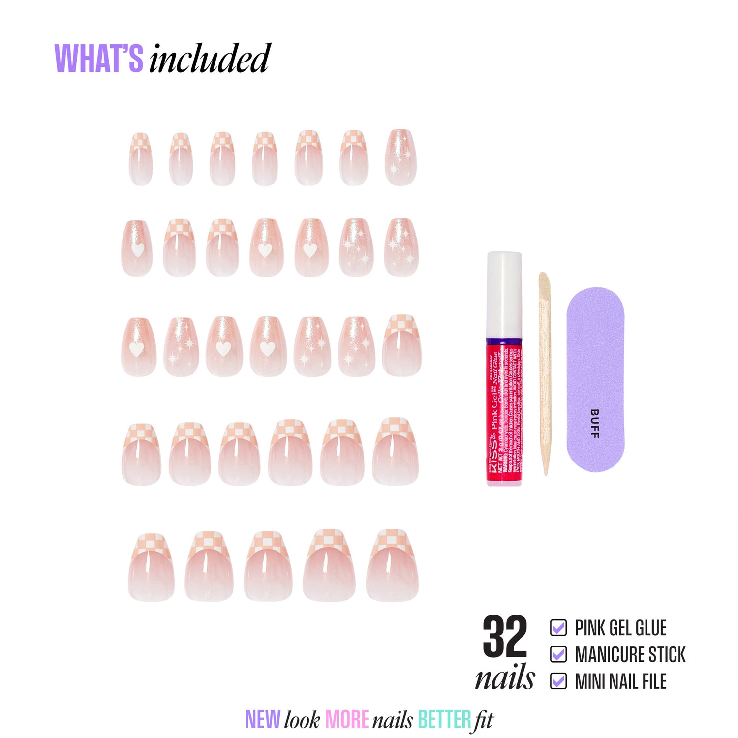 32 nude press-on nails with gel glue, manicure stick, and nail file included.