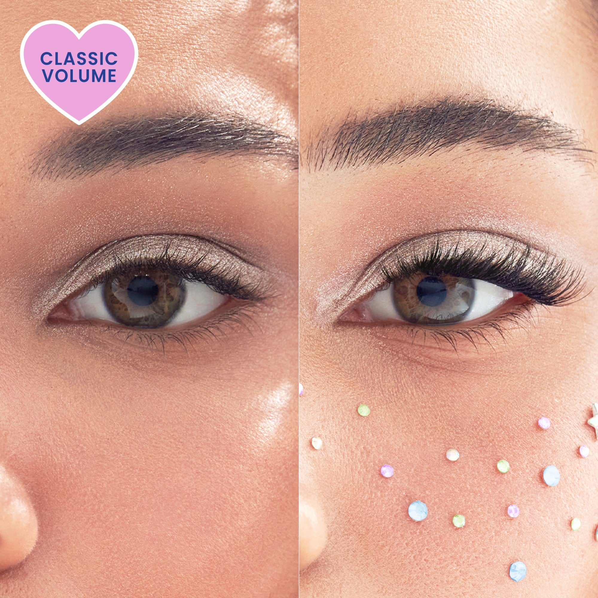 Before and after lash extension application showing fuller lashes and eye definition.