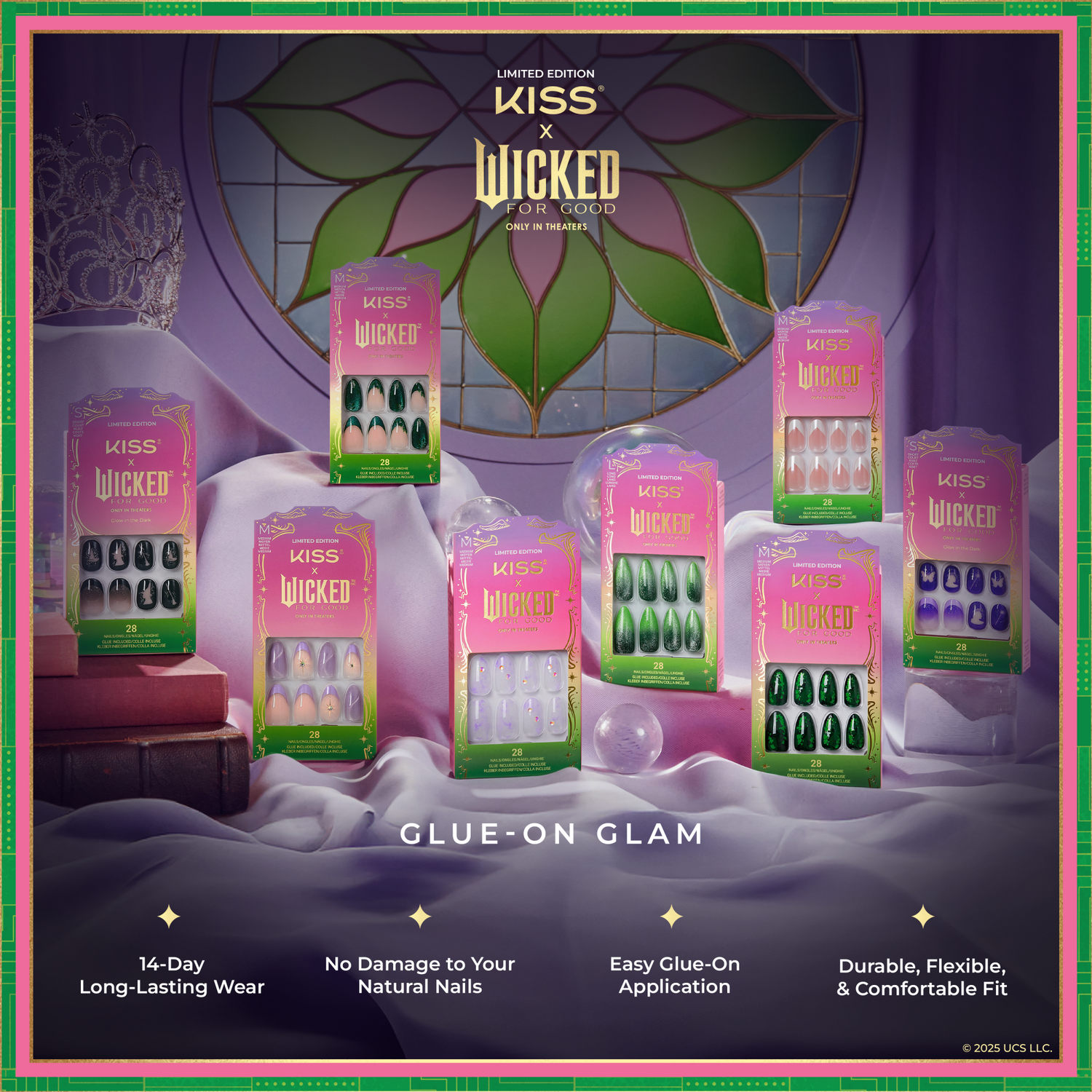 Limited edition KISS x Wicked for Good glue-on nail sets displayed against a purple satin backdrop, showcasing various colors and designs. Text highlights 14-day wear, no nail damage, easy application, and comfortable fit.