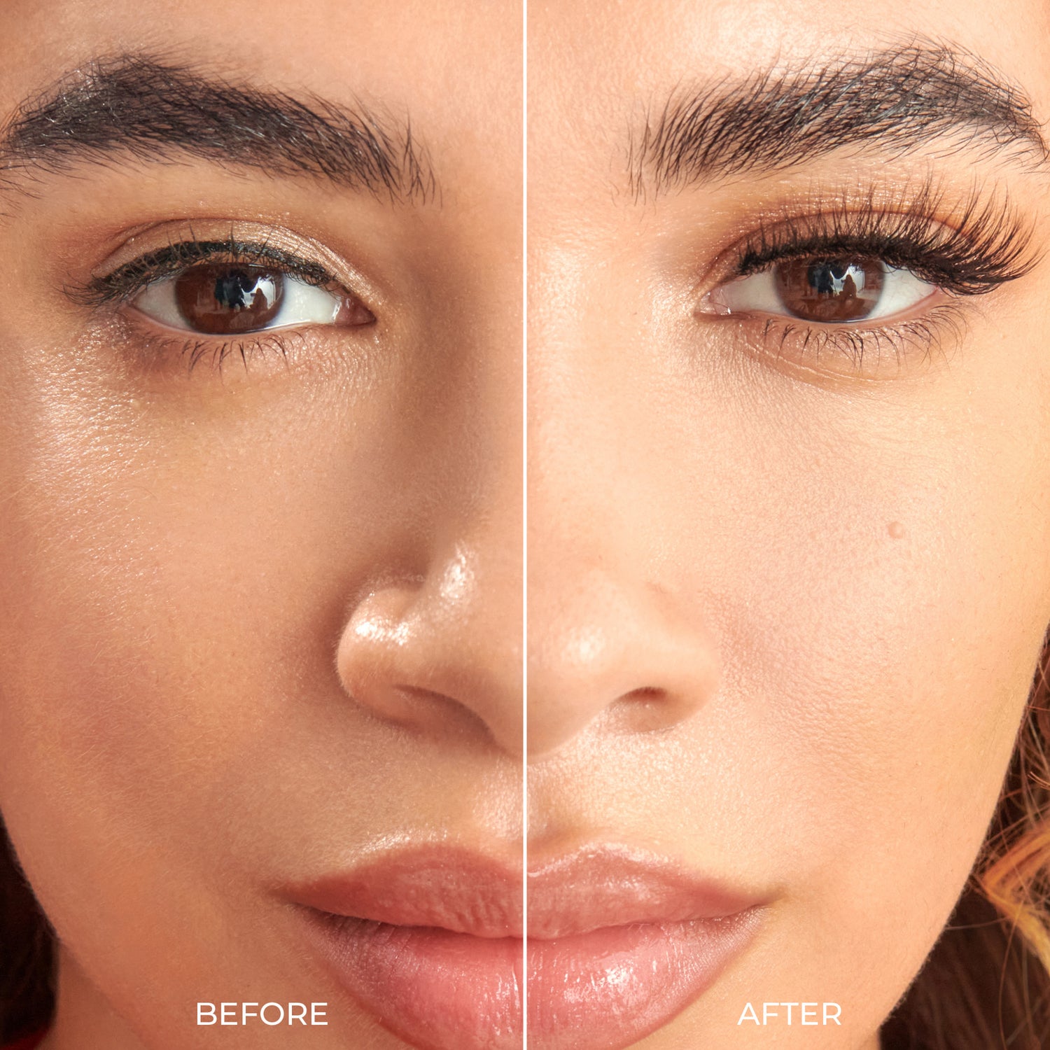 Close-up split face showing a woman’s natural lashes on the left with \