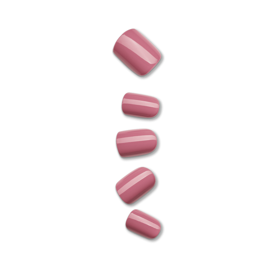 Five glossy press-on nails in various sizes, displayed vertically, all in a smooth petal pink color with a subtle shine.