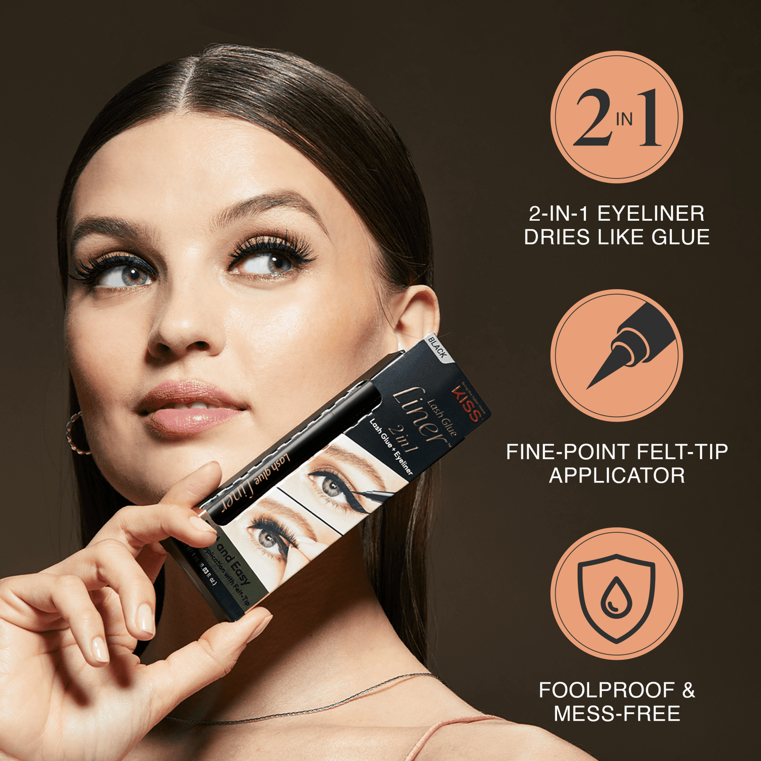 Woman holding KISS Lash GLUEliner packaging near her face, showcasing black 2-in-1 eyeliner with fine-point felt-tip applicator, foolproof and mess-free.