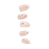 Set of five press-on nails in soft nude and pale pink shades, three featuring white floral designs with small rhinestones.