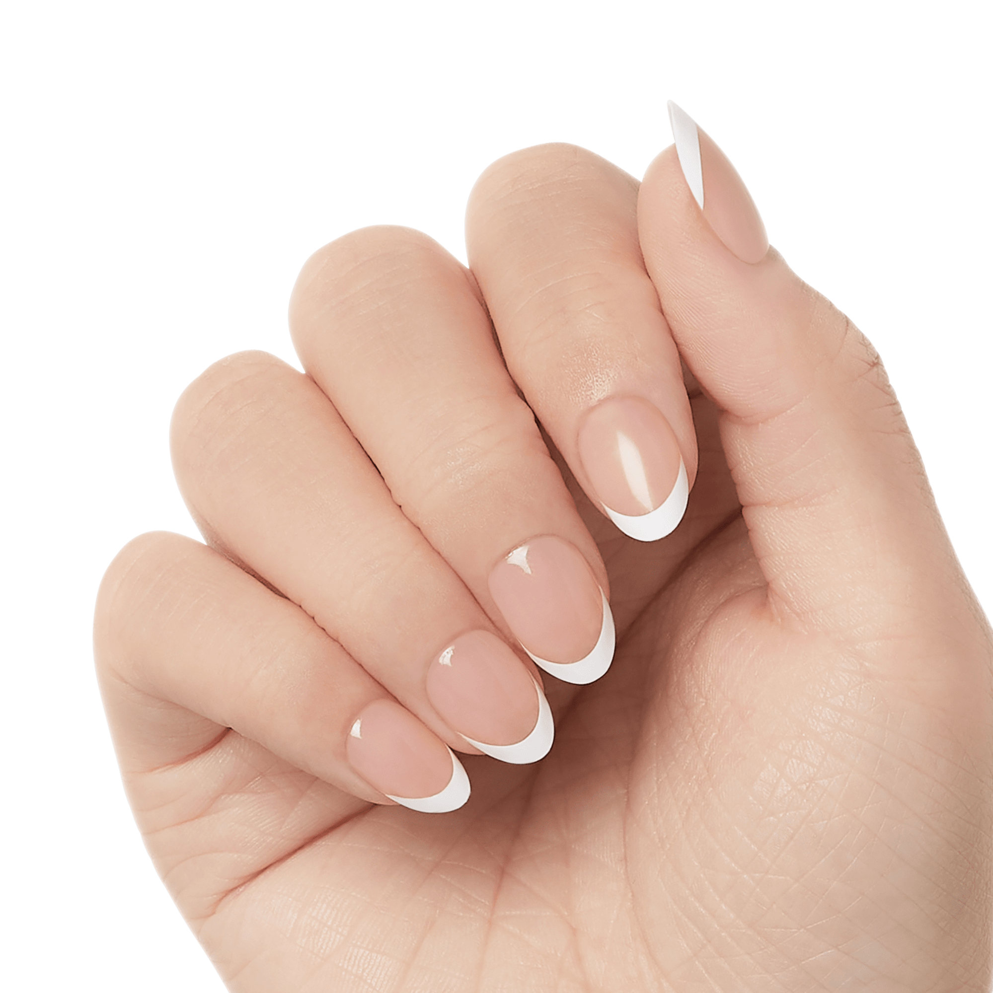 Hand with press-on gel nails in a natural nude shade featuring white French tips in varied almond and coffin shapes.