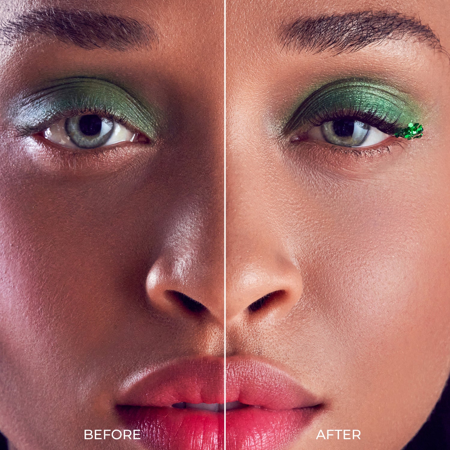 Close-up of a face split in half, showing before and after effects of false eyelashes with green eyeshadow; after side features fuller lashes with green glitter accents.
