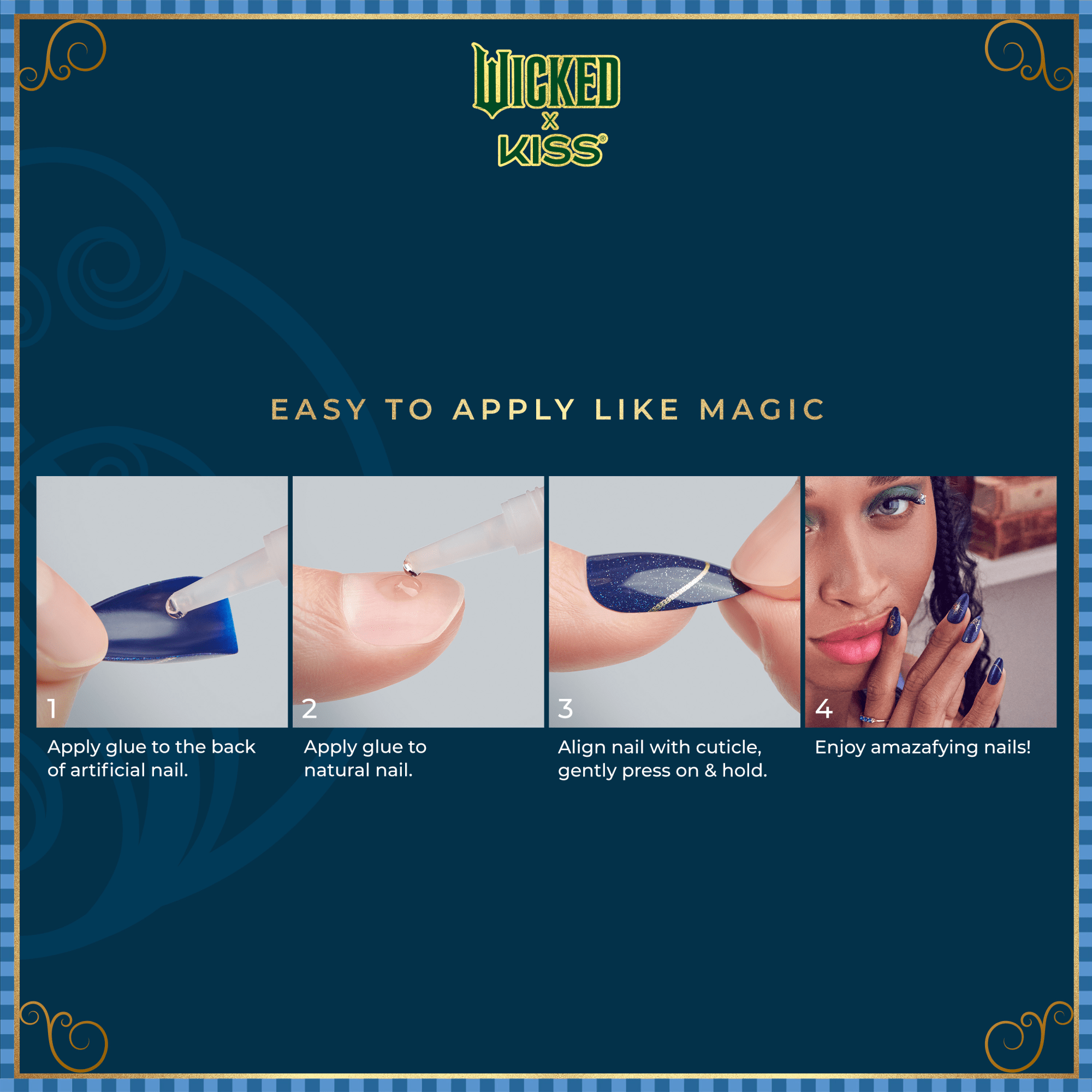 WICKED X KISS logo above four-step nail glue application guide with images: applying glue to artificial nail, natural nail, pressing nail on cuticle, and woman showing blue sparkly nails.