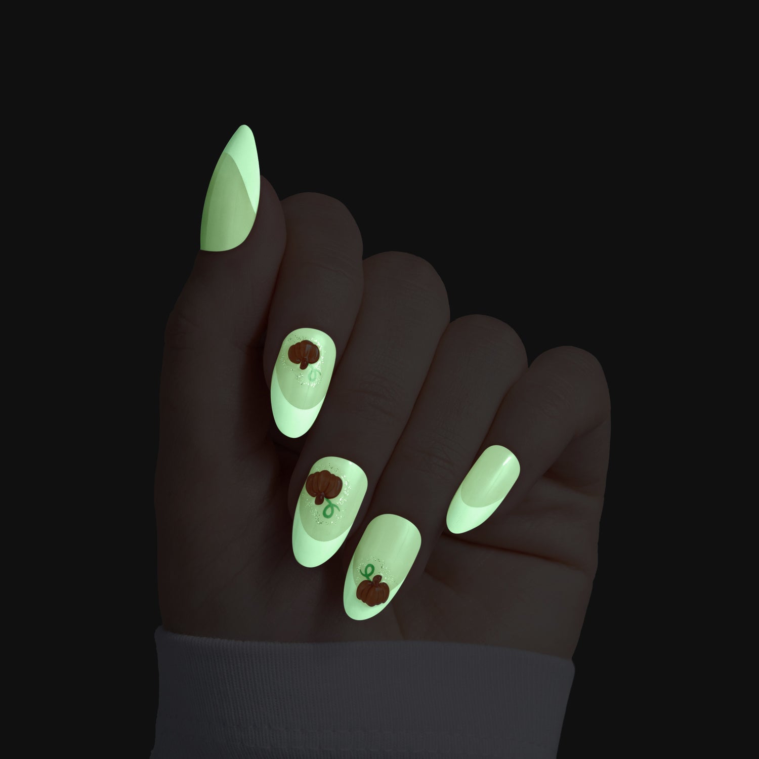 Kiss Haunt Halloween Press On Fake Glue Nails - Spook Me | French Design, White, Medium, Almond, Glow In The Dark