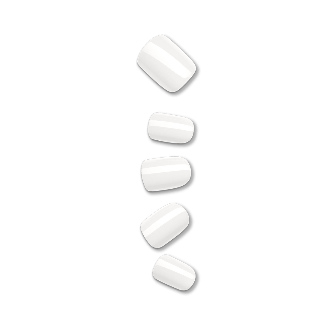 Five glossy white press-on nails in varying sizes arranged vertically on a plain background, showing the smooth \