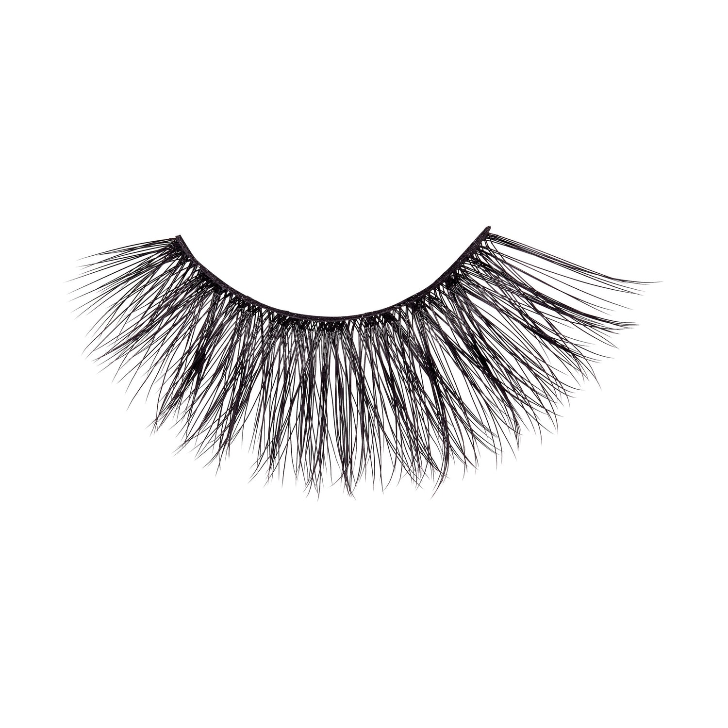 Black KISS Lash Couture LuXtension false eyelash strip with long, wispy fibers arranged in a fan shape for a dramatic look, shown on white background.