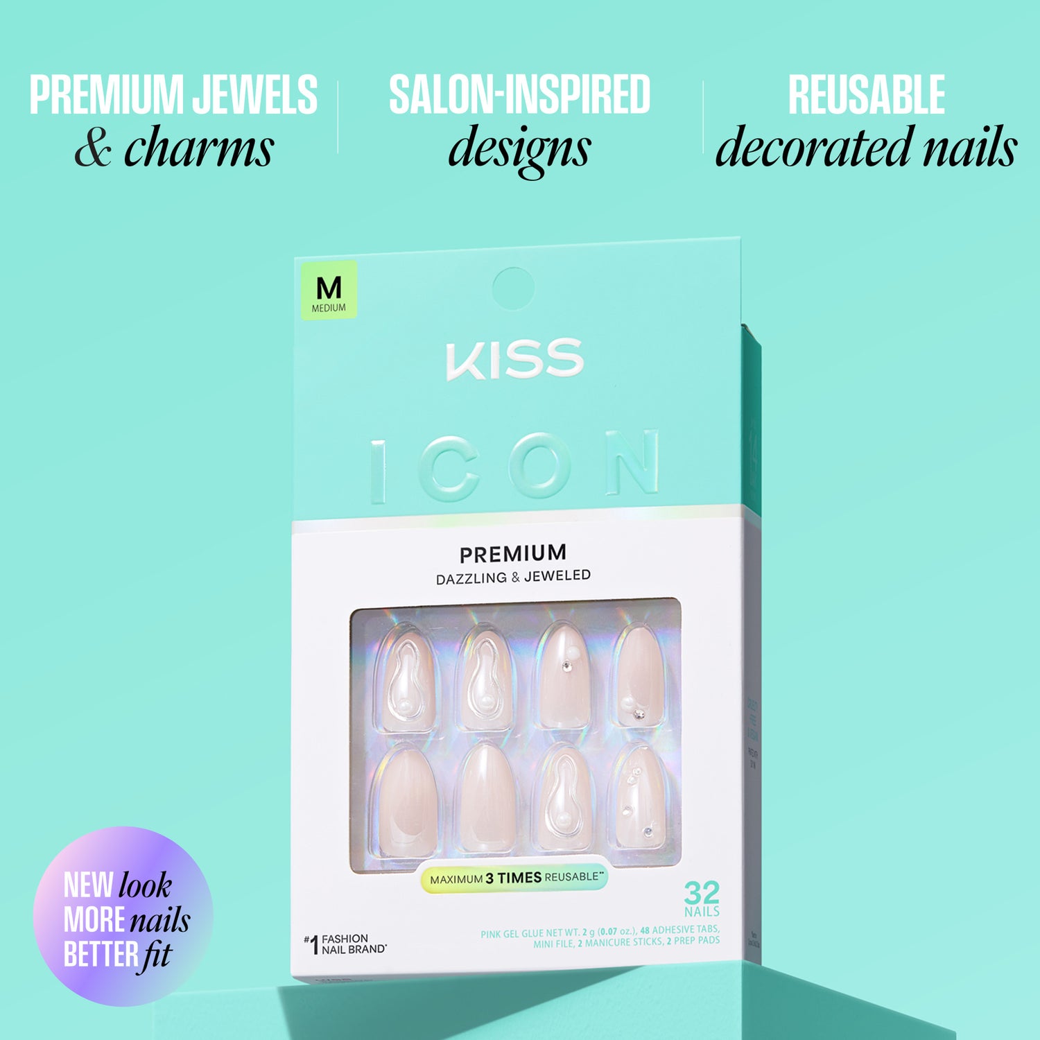 KISS Icon Premium Dazzling &amp; Jeweled Nails, Medium, 32 count with reusable design.