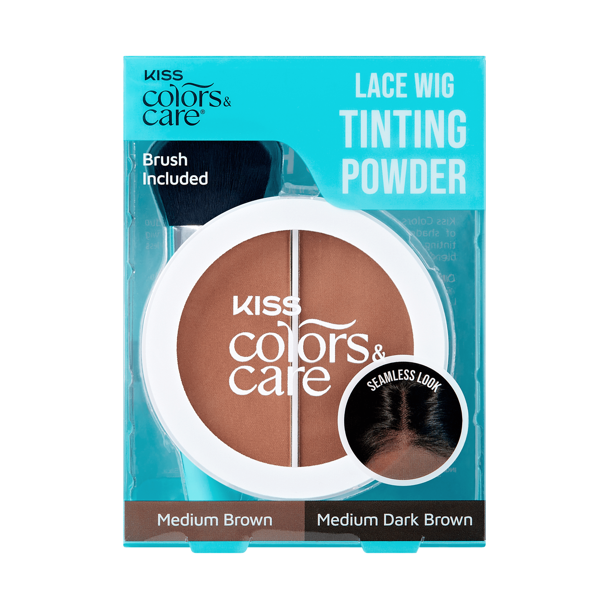 Kiss Colors &amp; Care lace wig tinting powder packaging with two brown shades.