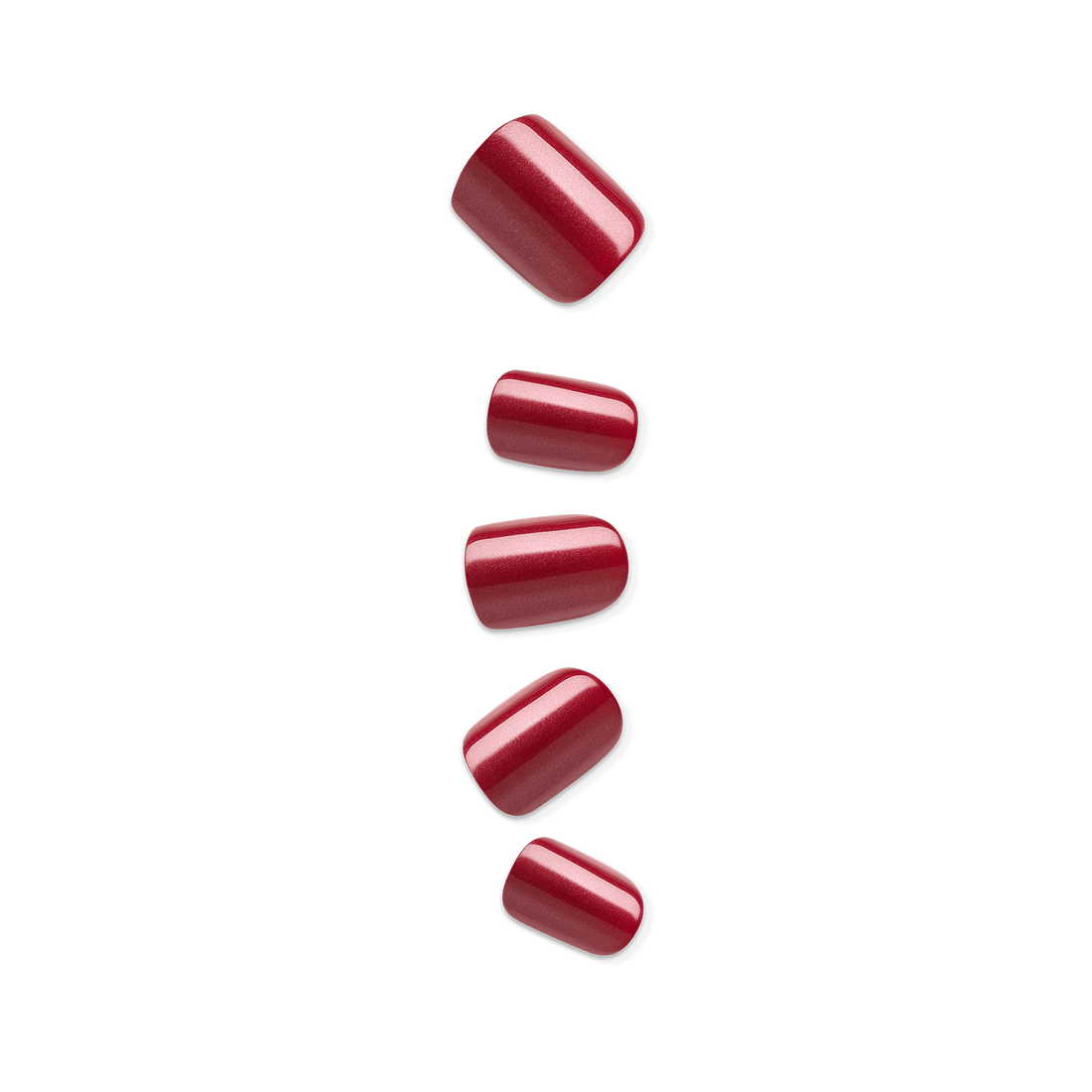 Five glossy, deep red press-on nails with a subtle shimmer, arranged in a vertical line against a plain background.