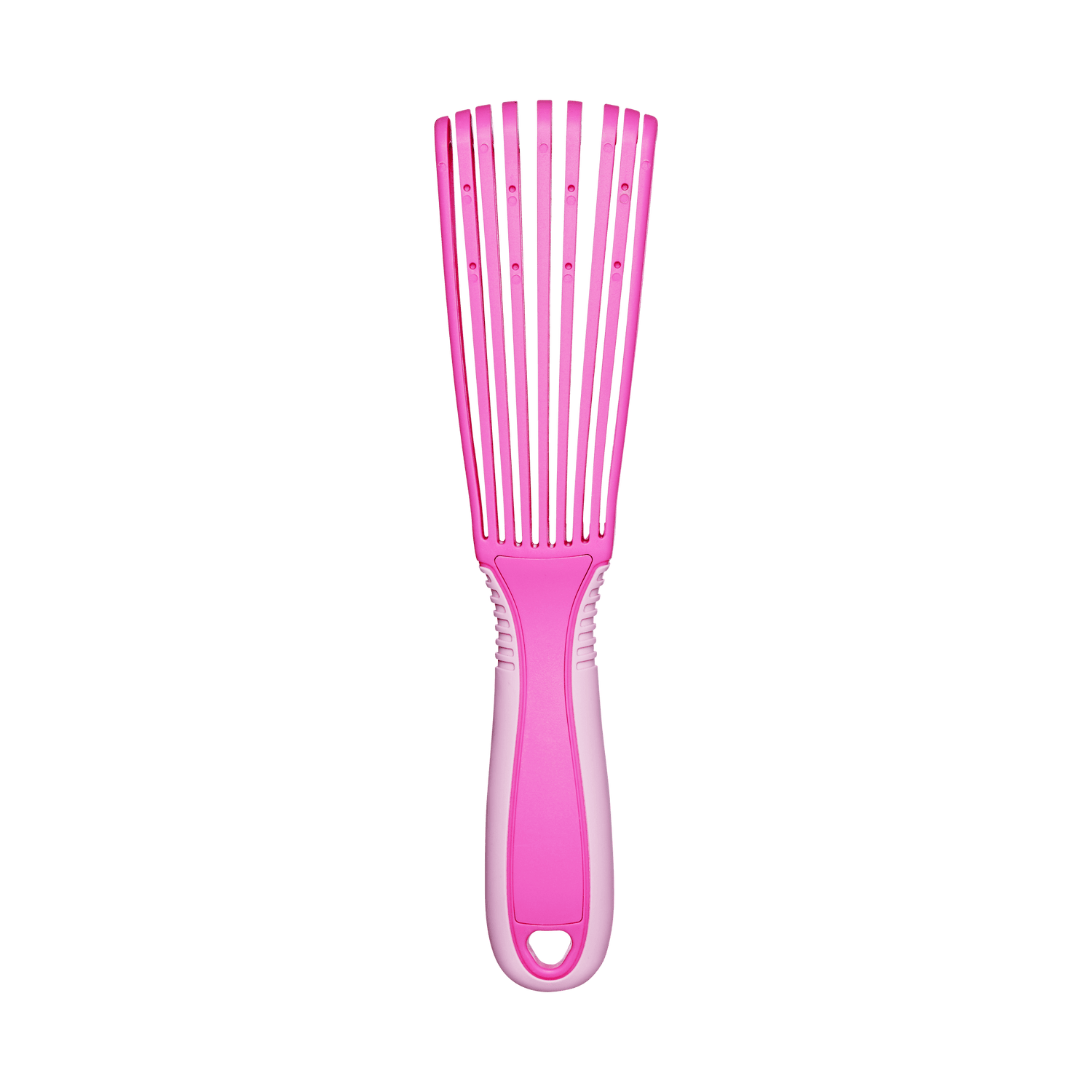 Pink and light pink non-slip detangling hair brush with wide flexible bristles and ventilation holes, shown from the front with no text.