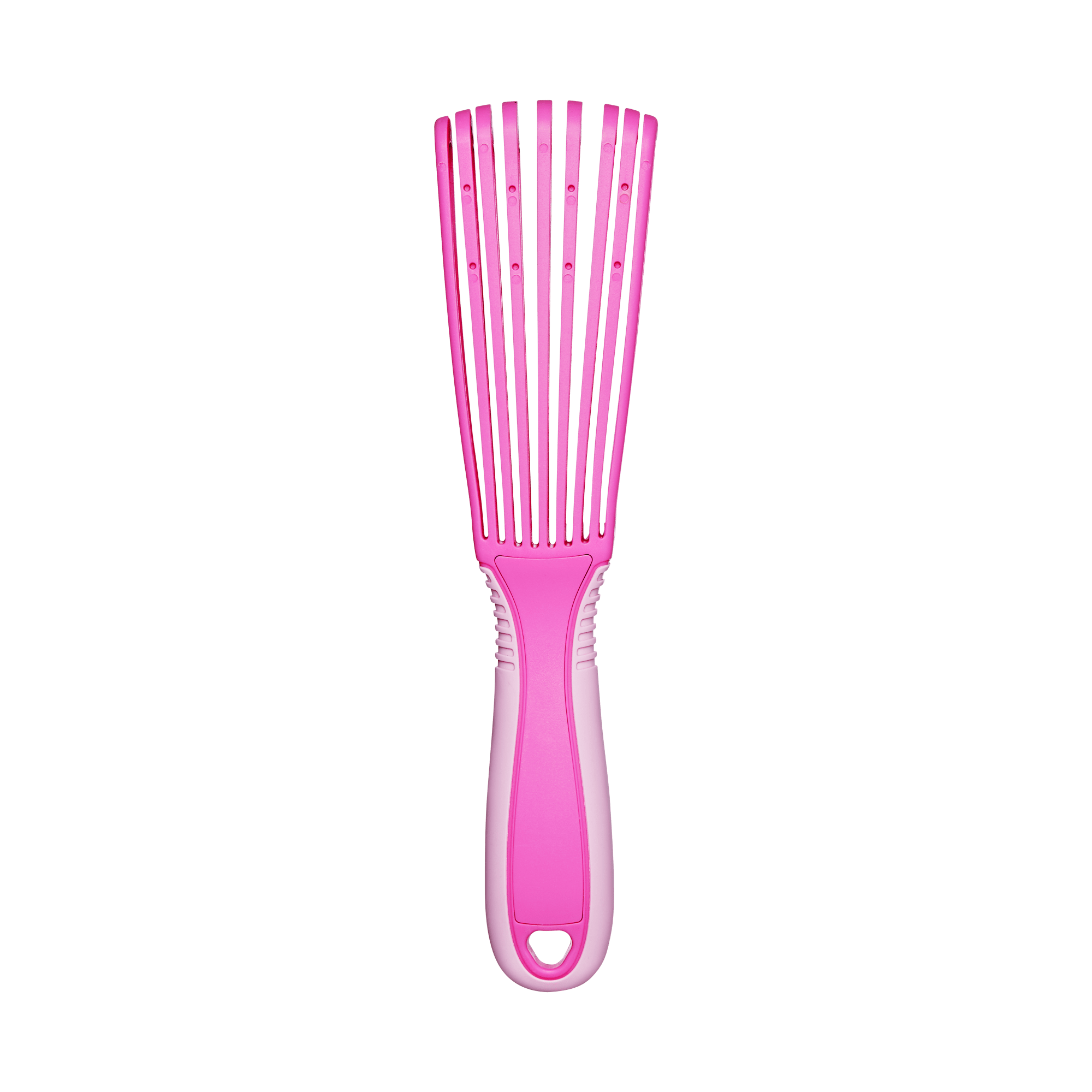 Pink and light pink non-slip detangling hair brush with wide flexible bristles and ventilation holes, shown from the front with no text.