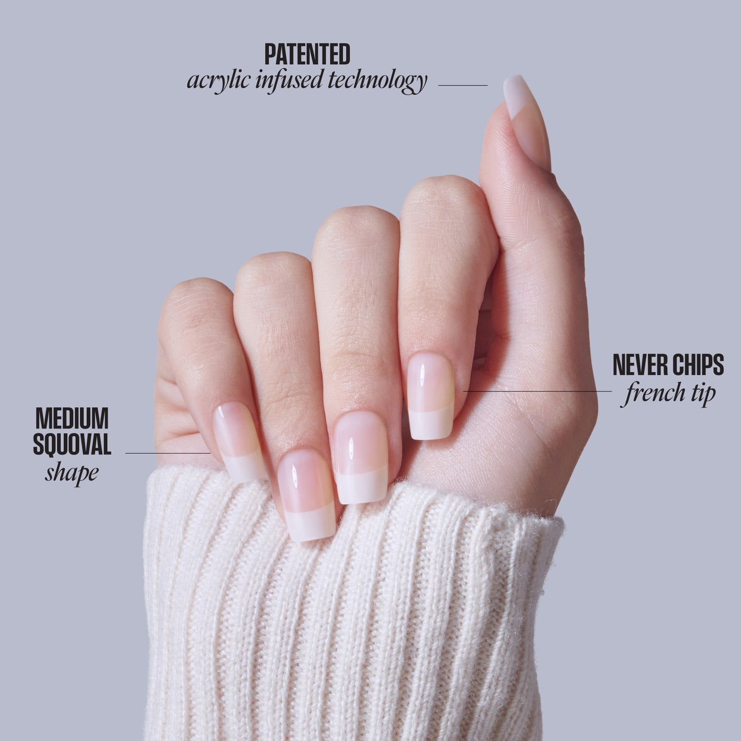 Hand displaying acrylic French tip nails with patented acrylic infused technology, medium squoval shape.