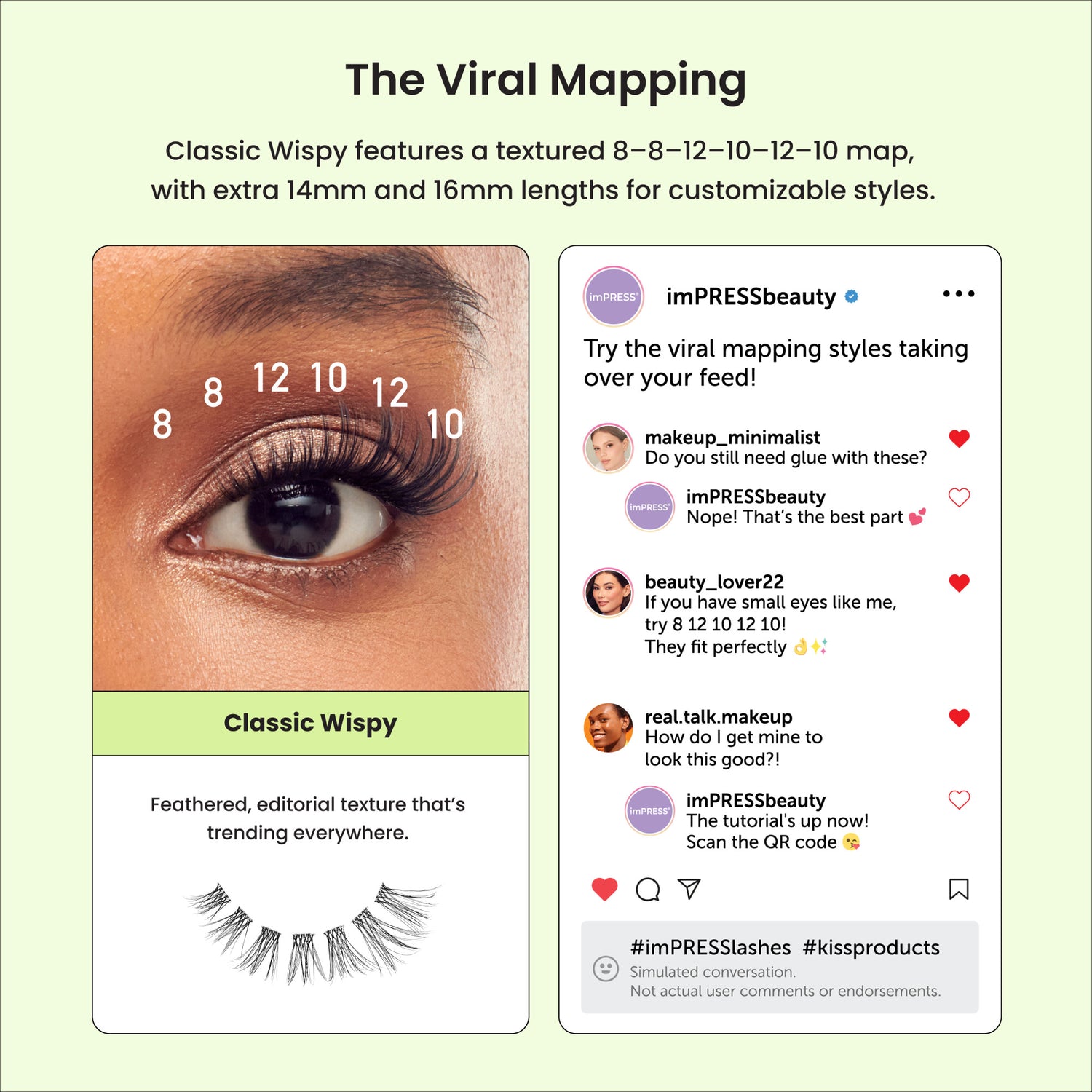 Classic Wispy lash mapping chart showing 8-8-12-10-12-10mm lengths with Instagram post mockup.