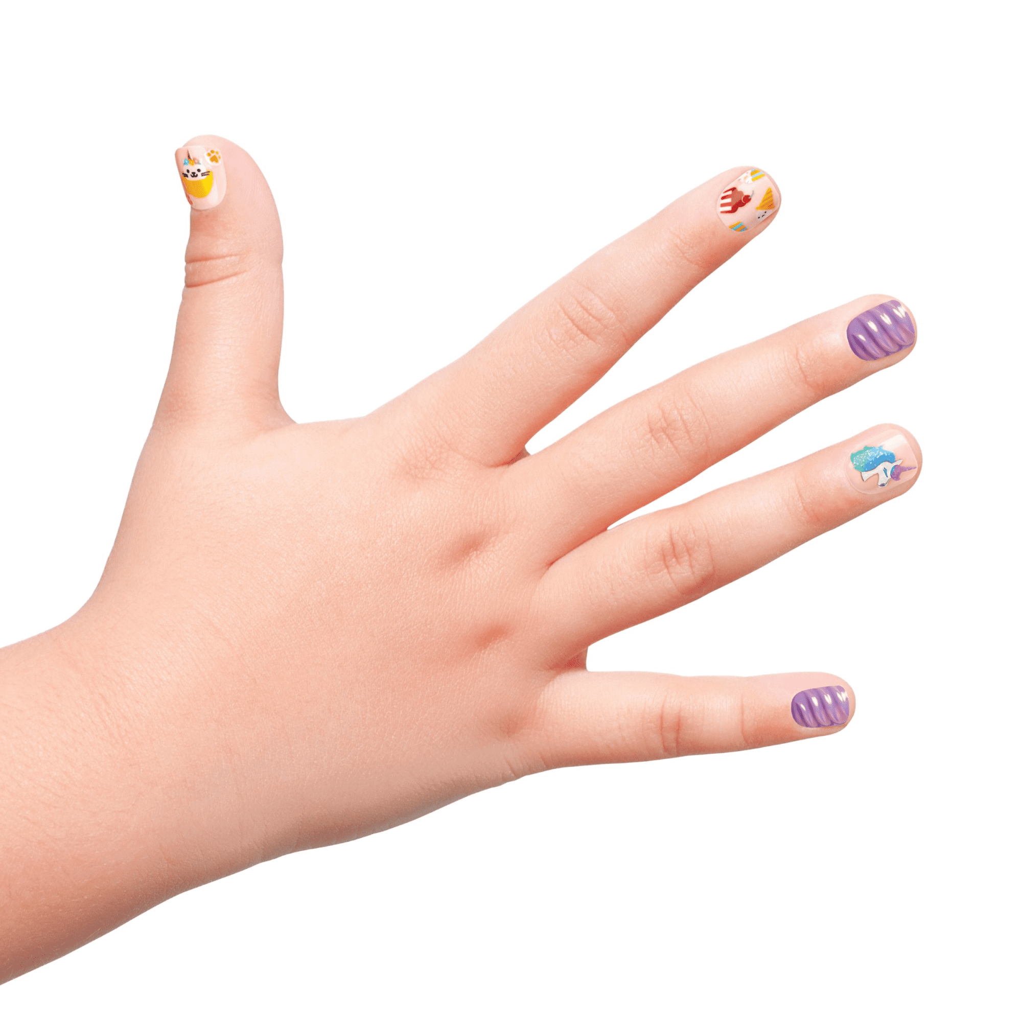 Left hand with imPRESS MINI press-on nails featuring playful designs: thumb has a cat in a yellow cup with an orange paw print, index finger has popcorn and a movie ticket, middle and pinky fingers have a shiny purple swirl pattern, ring finger has a blue and pink unicorn.