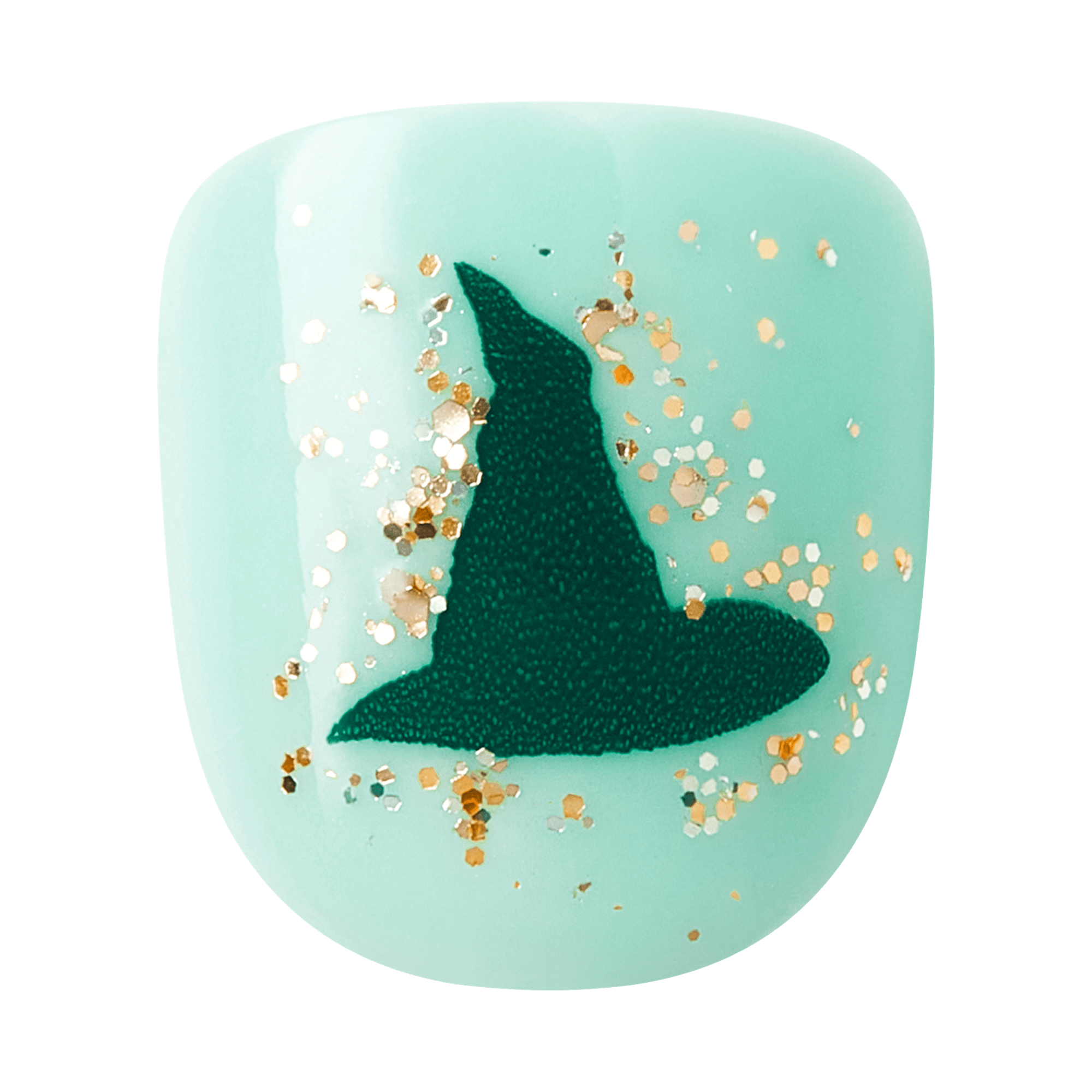 Mint green nail polish with dark teal mermaid tail and gold glitter accents