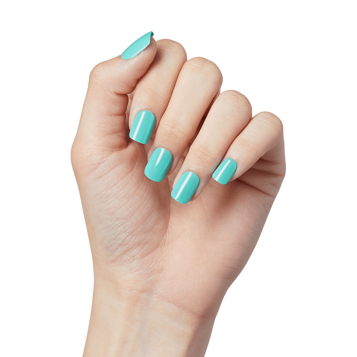 Hand with medium-length press-on nails painted in glossy turquoise blue, shown from the back with fingers slightly curled.