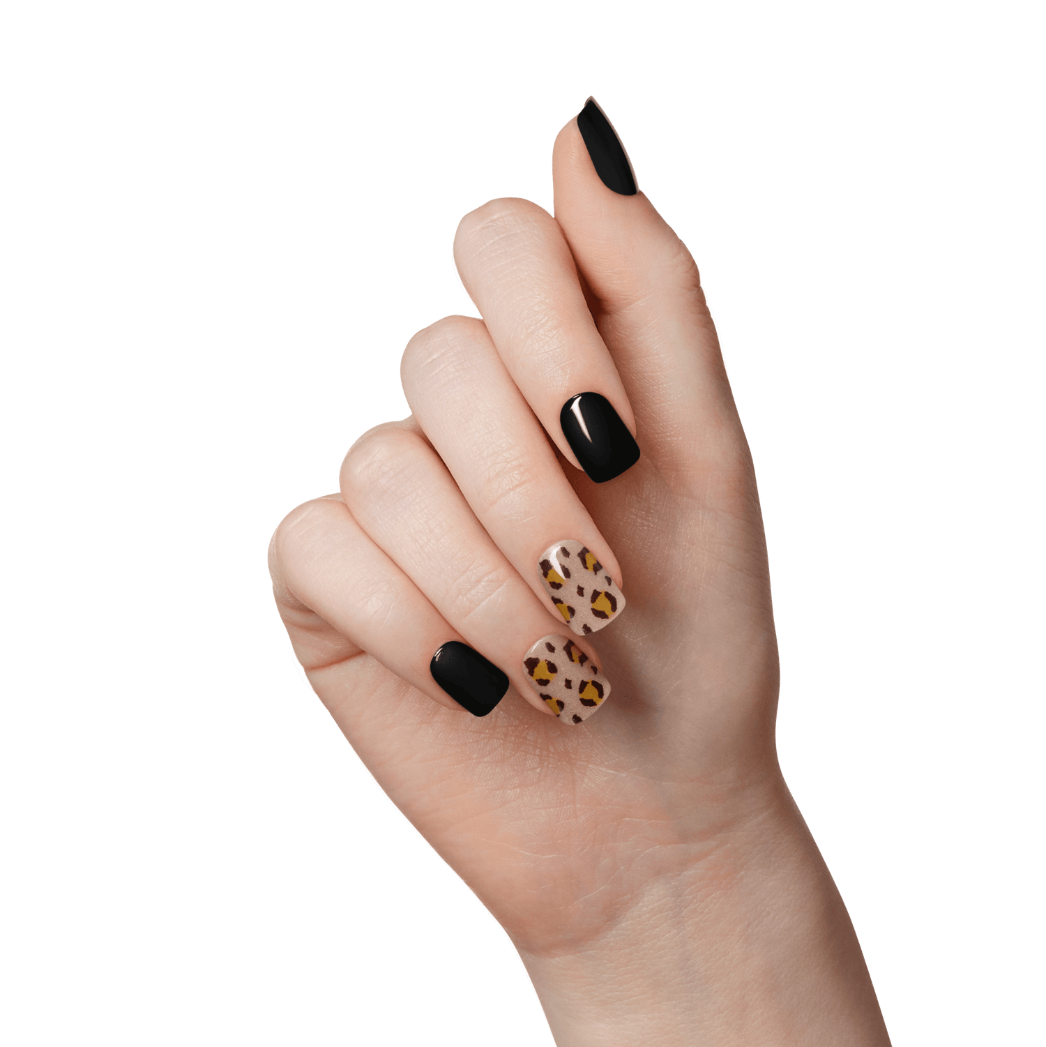 Hand displaying press-on nails with a mix of solid glossy black and leopard print designs on medium-length, squared tips.