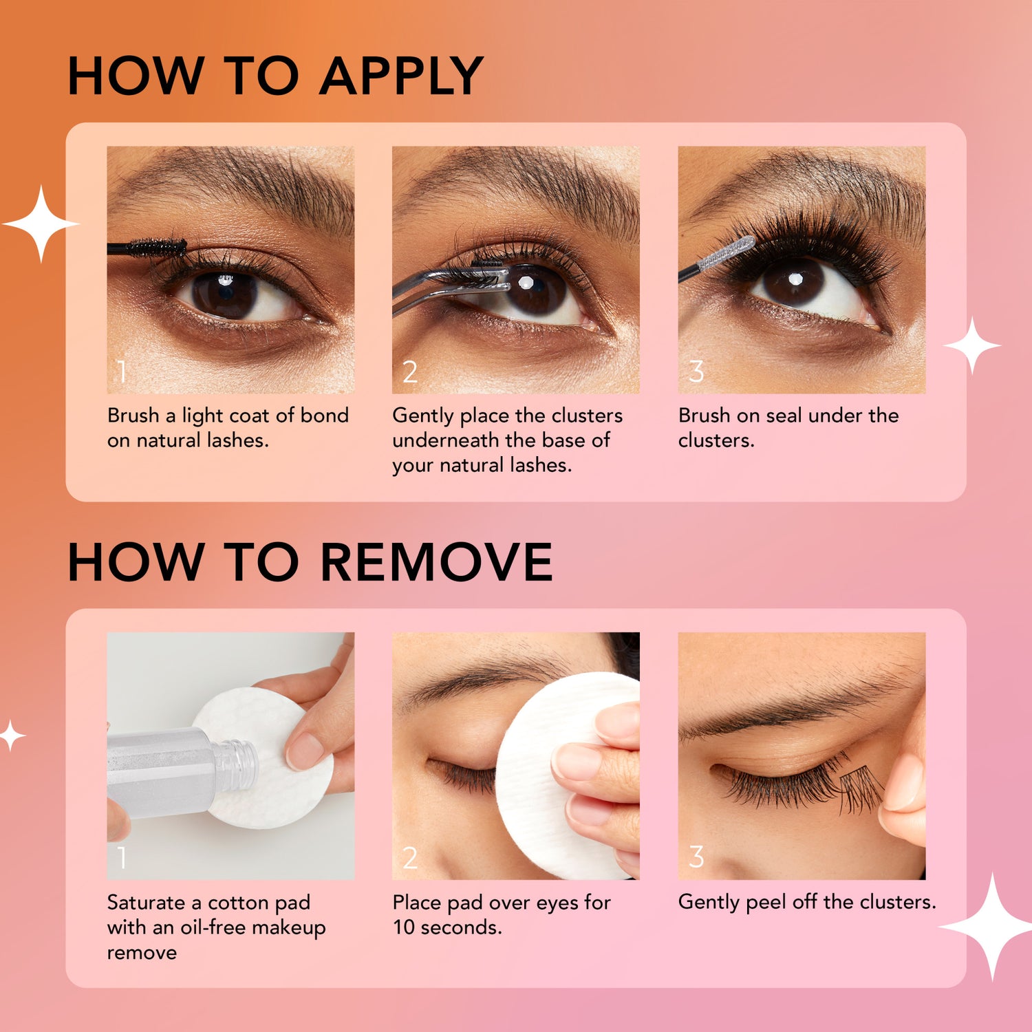 Step-by-step close-up photos show how to apply and remove BeBlinky false eyelashes, including brushing bond, placing lash clusters, sealing, and using makeup remover with cotton pads.