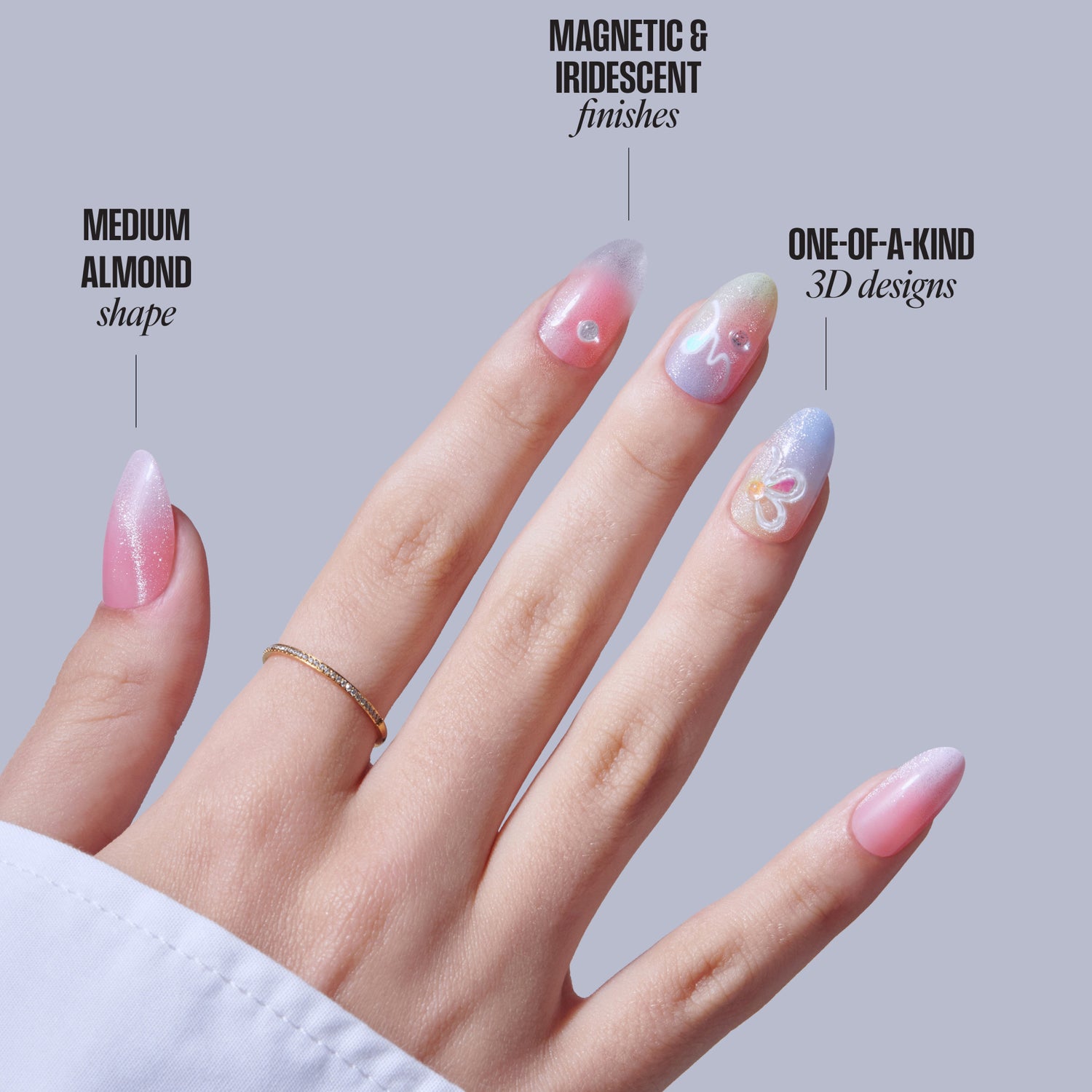 Medium almond nails with magnetic, iridescent finishes and 3D designs in pink and purple tones.