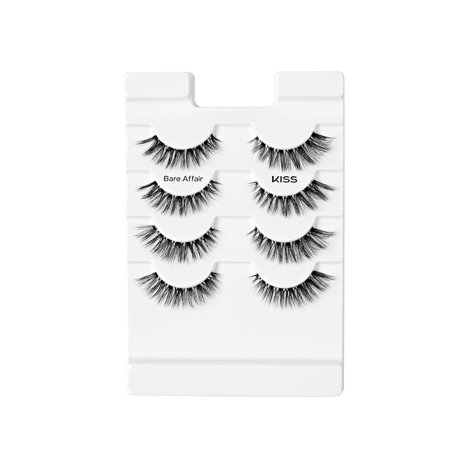 Four pairs of black false eyelashes with natural volume and length are arranged on a white plastic tray labeled \