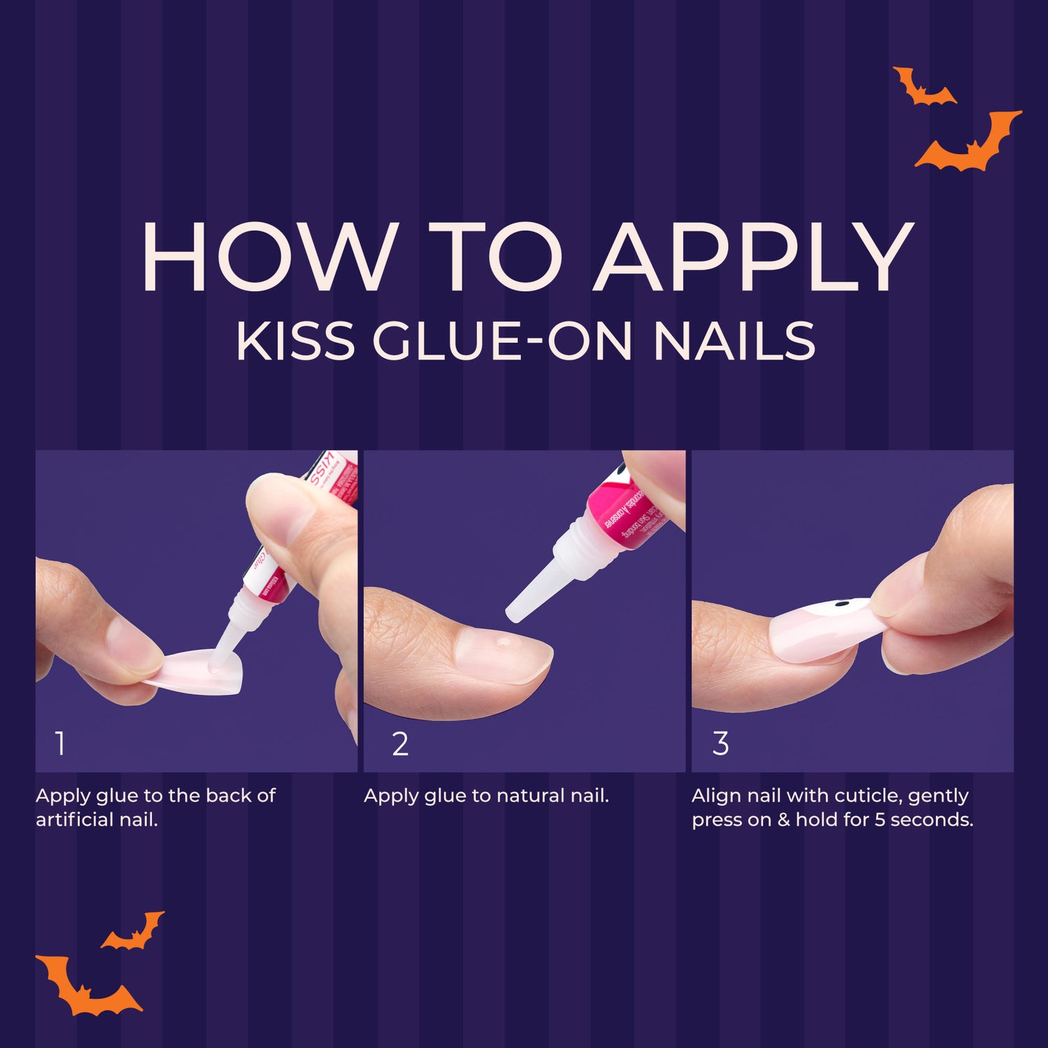 Instructions for applying KISS glue-on nails on a purple striped background with small orange bats. Step 1 shows glue being applied to the back of an artificial nail. Step 2 shows glue applied to a natural nail.