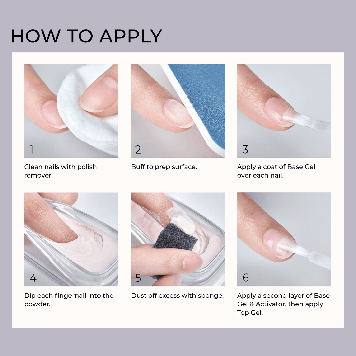 Six-step visual guide showing how to apply the KISS Salon Dip System: cleaning nails, buffing, applying base gel, dipping nails into powder, dusting excess with sponge, and applying a second coat with activator and top gel.