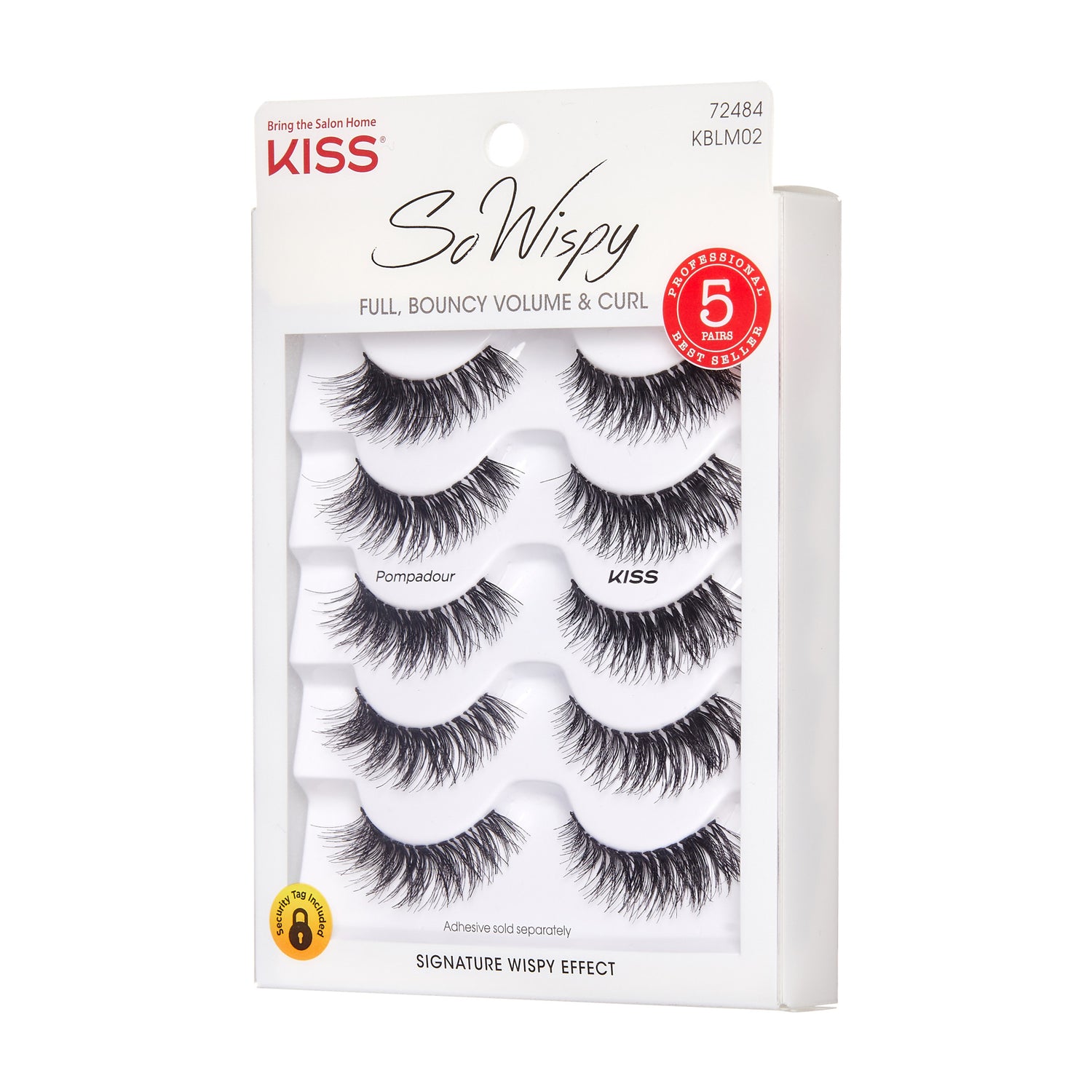 KISS So Wispy false eyelashes multipack in Pompadour style, showing five pairs of full, bouncy, curled lashes in white packaging with product claims and branding.