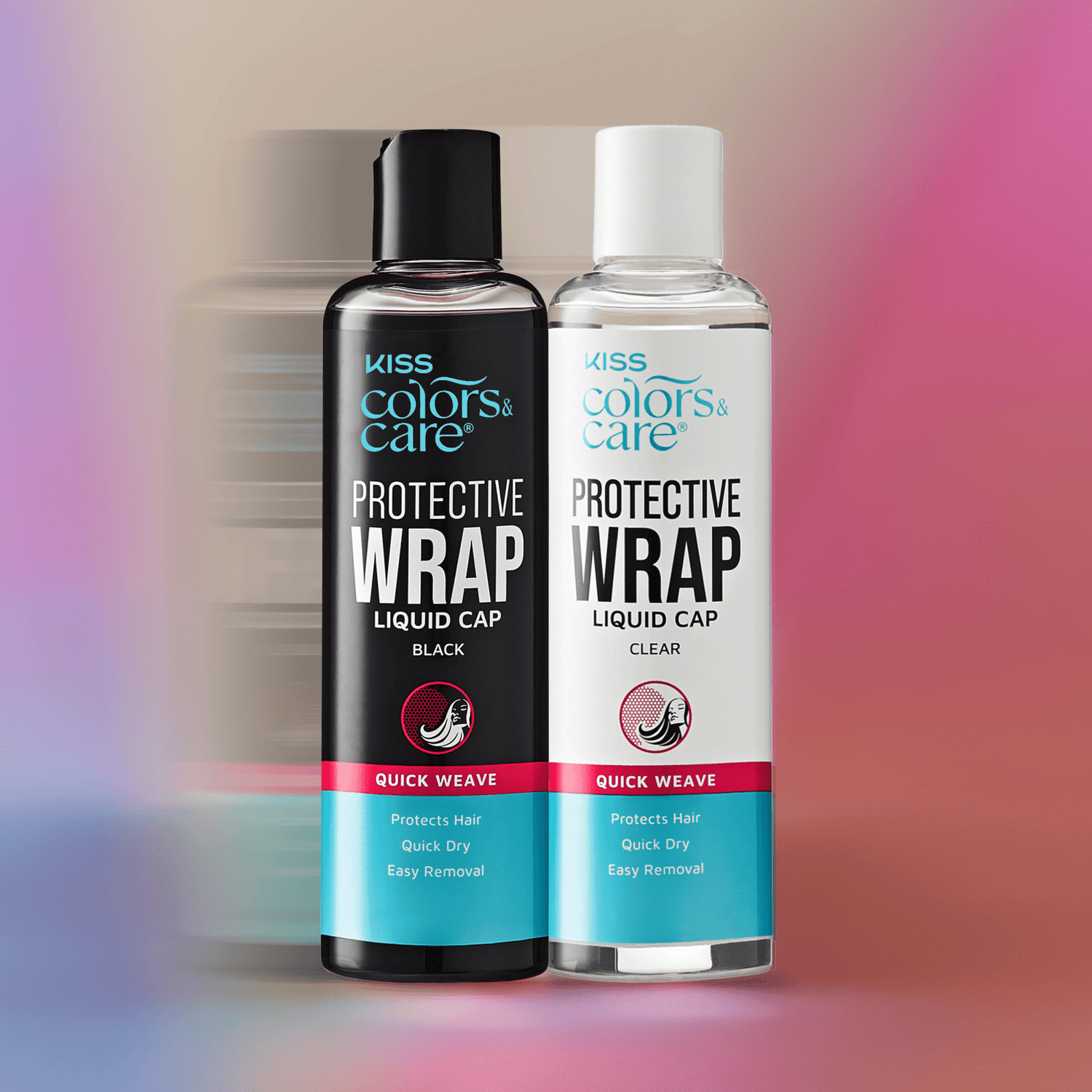 Two bottles of KISS Colors &amp; Care Protective Wrap Liquid Cap, one black and one clear, labeled "Quick Weave" with benefits "Protects Hair, Quick Dry, Easy Removal."