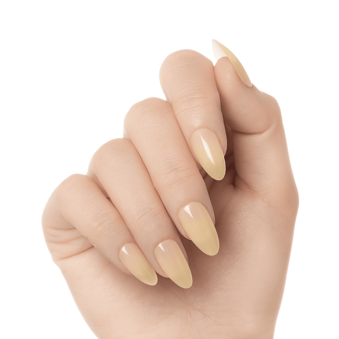 Hand showing long, almond-shaped press on gel nails in a glossy pale yellow shade called \