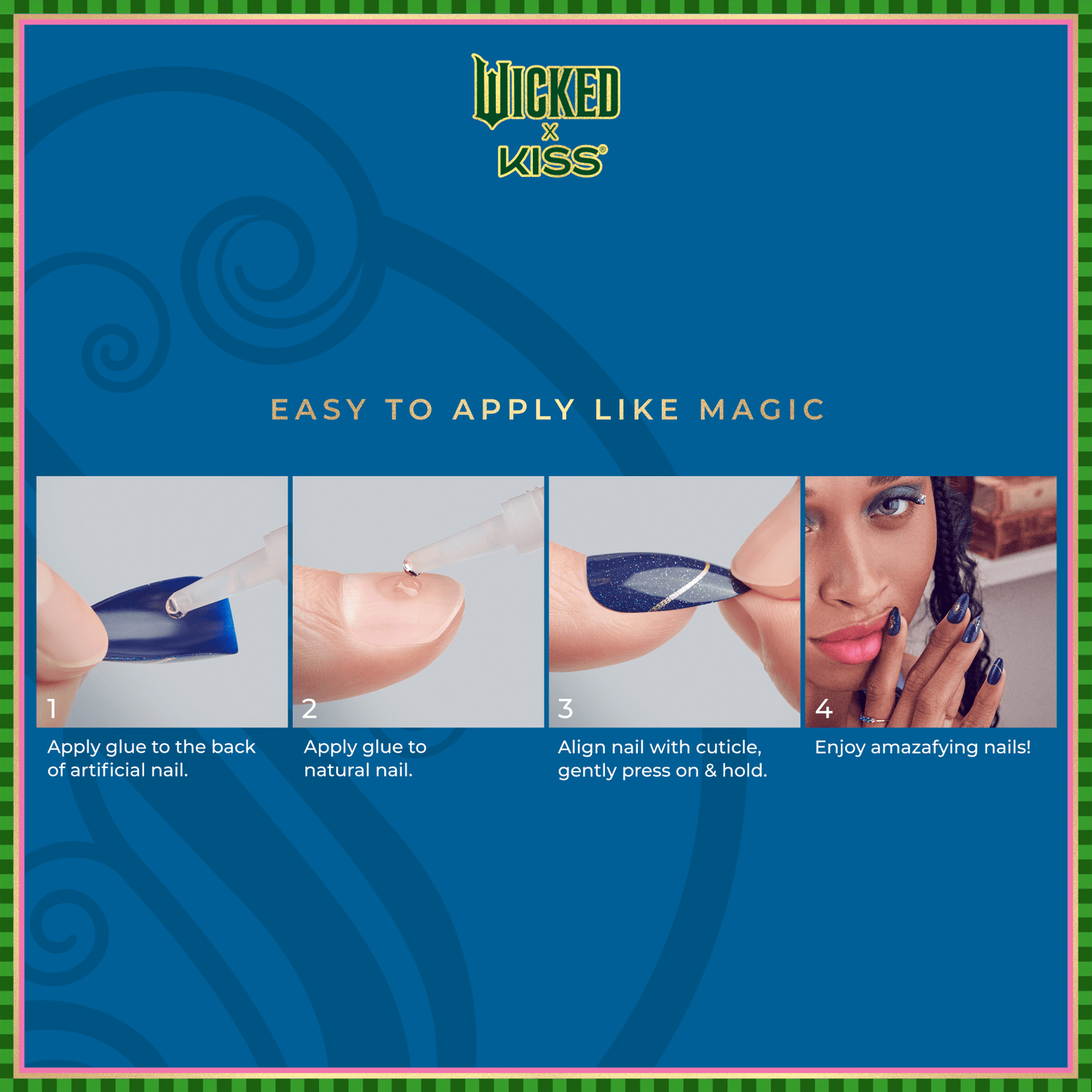 Blue product instruction panel for WICKED X KISS artificial nails showing steps to apply glue on nail and finger, align and press nail, plus a woman modeling finished dark blue nails with gold accents. Text reads \