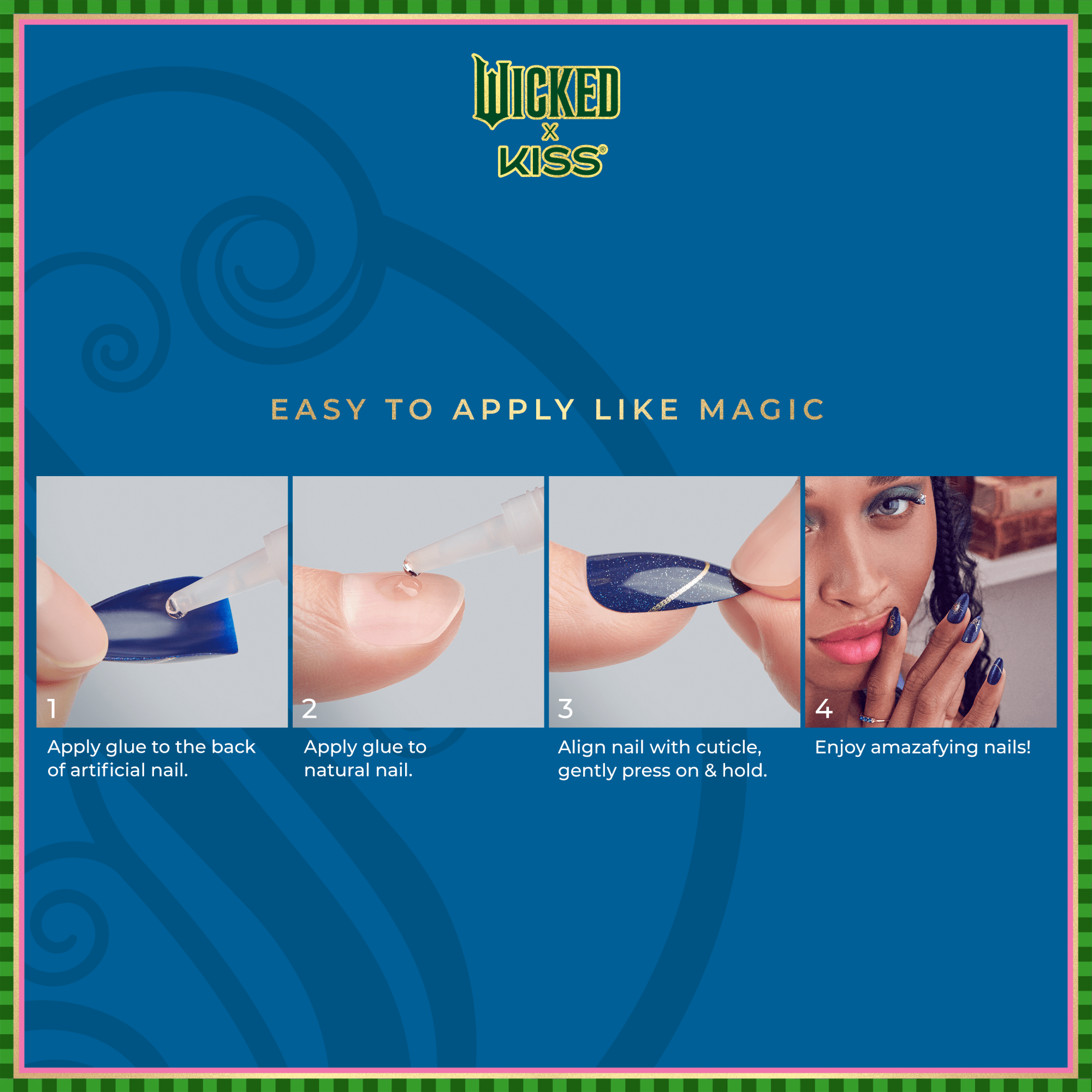 Blue product instruction panel for WICKED X KISS artificial nails showing steps to apply glue on nail and finger, align and press nail, plus a woman modeling finished dark blue nails with gold accents. Text reads \