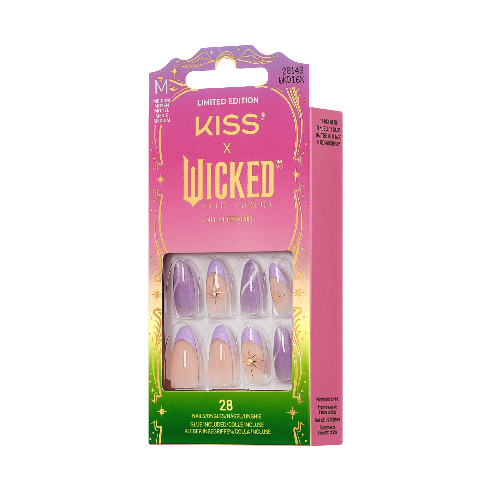 Limited edition KISS x WICKED for Good medium-size press-on nails in purple and nude with star designs, 28 nails with glue included.