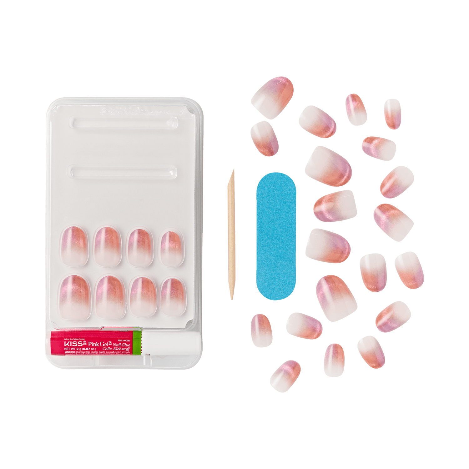 Set of pink ombre press-on nails with nail glue, wooden cuticle stick, and blue nail file, all displayed on a white tray and scattered on a green background.