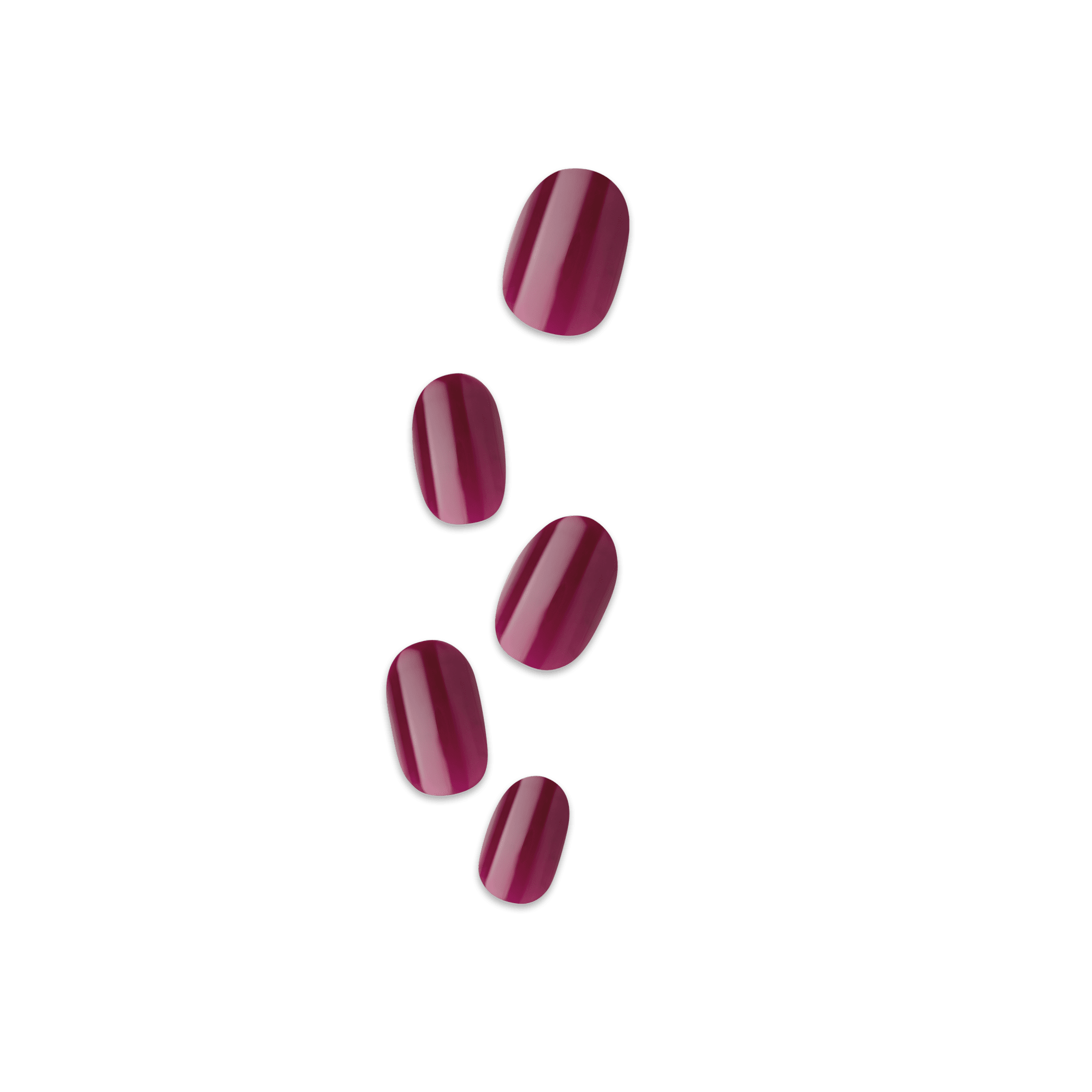 Glossy deep burgundy press-on nails in various sizes arranged vertically against a plain background.