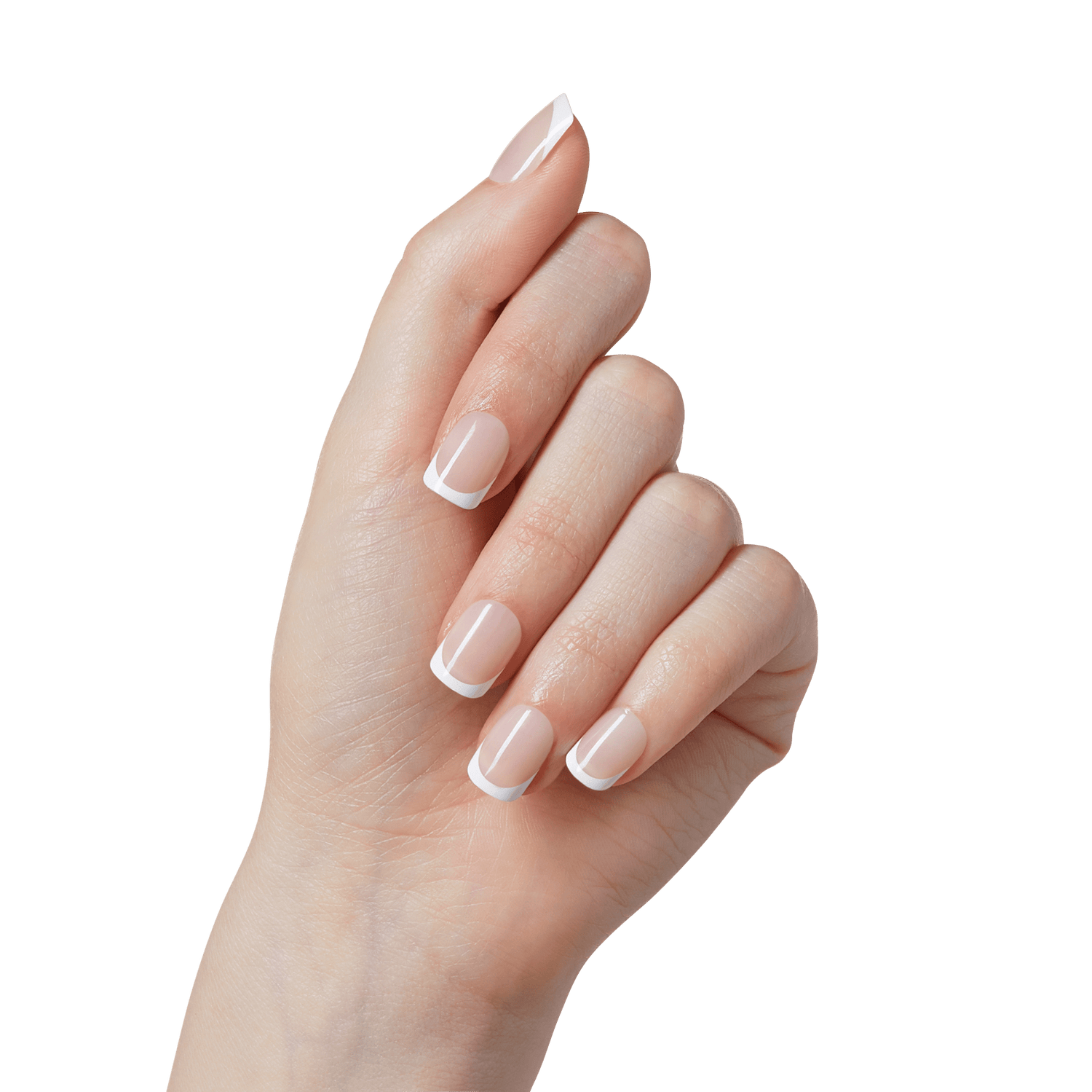 Hand with neatly manicured press-on nails featuring a classic French tip design with pale pink base and white edges, slightly curved fingers.