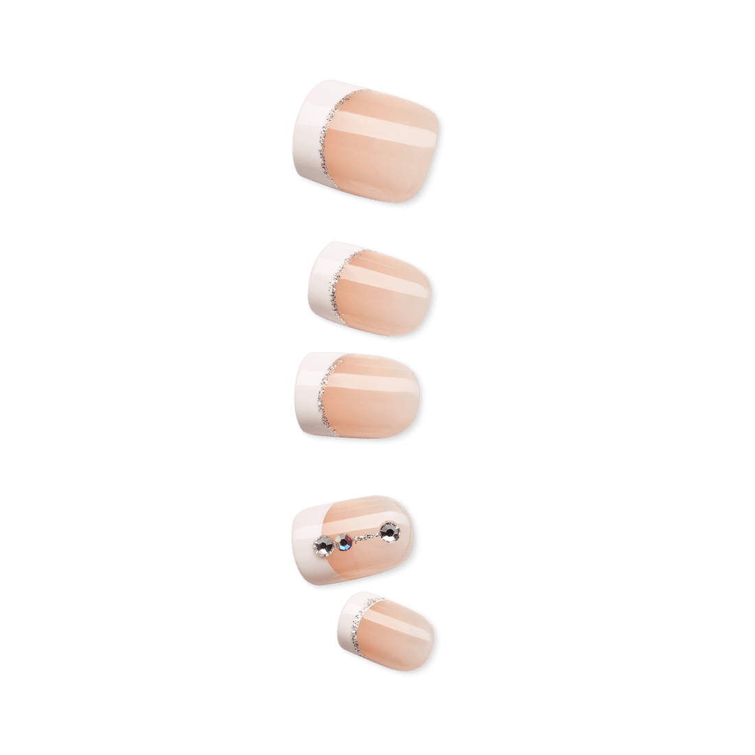 Set of five glossy press-on nails in soft nude with white tips and silver glitter borders, one nail decorated with three small rhinestones.