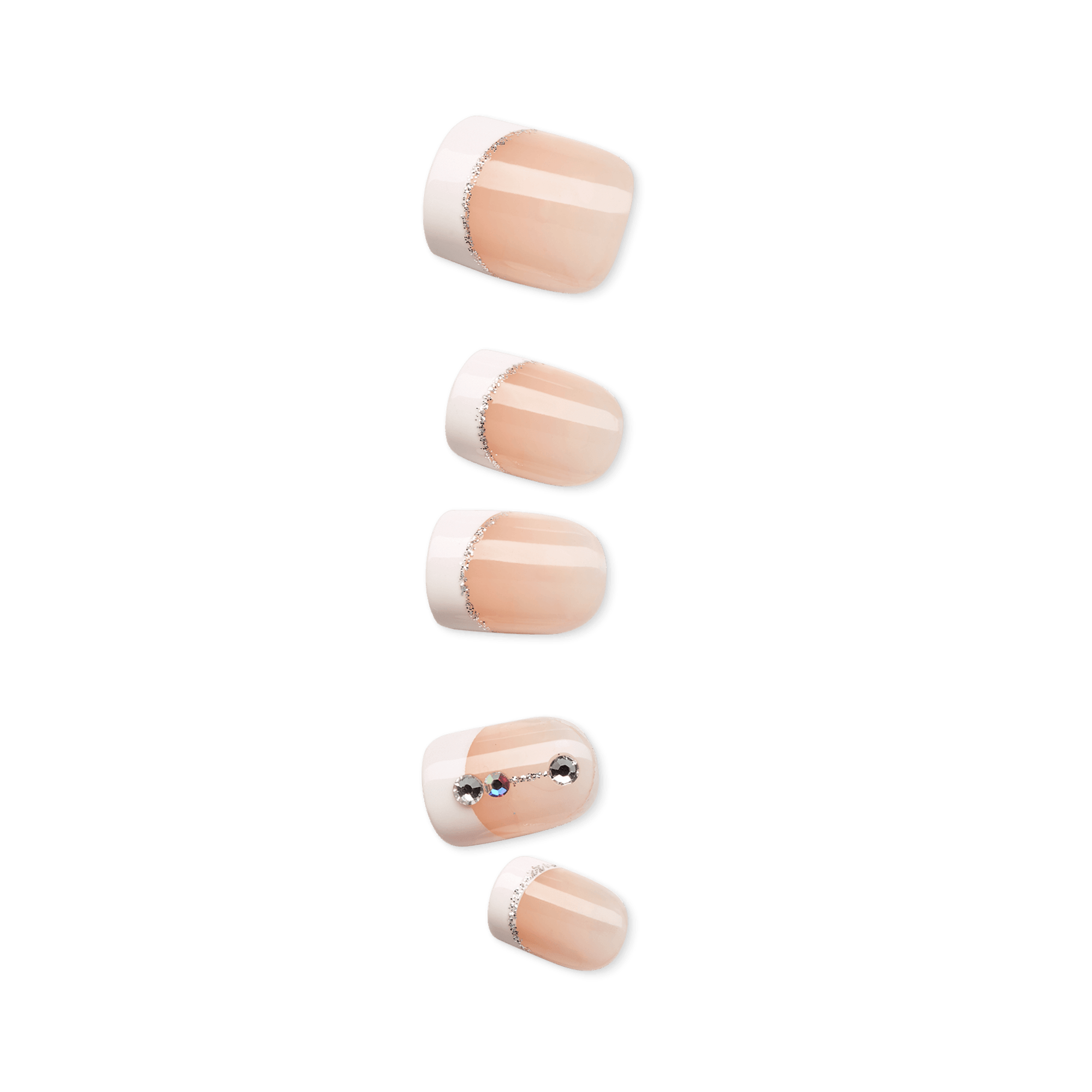 Set of five glossy press-on nails in soft nude with white tips and silver glitter borders, one nail decorated with three small rhinestones.