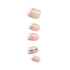 Set of five glossy press-on nails in soft nude with white tips and silver glitter borders, one nail decorated with three small rhinestones.